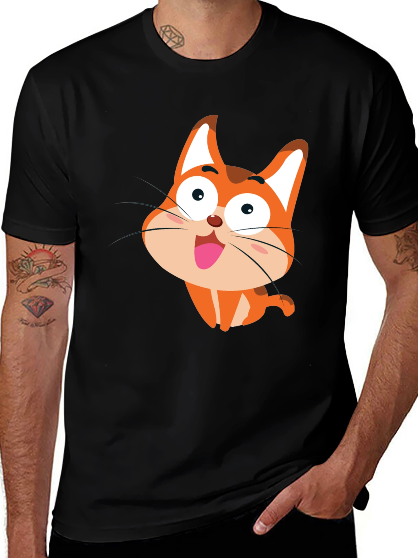 Variant 18 of Cartoon Cat Graphic Tee - Black Cotton Comfort