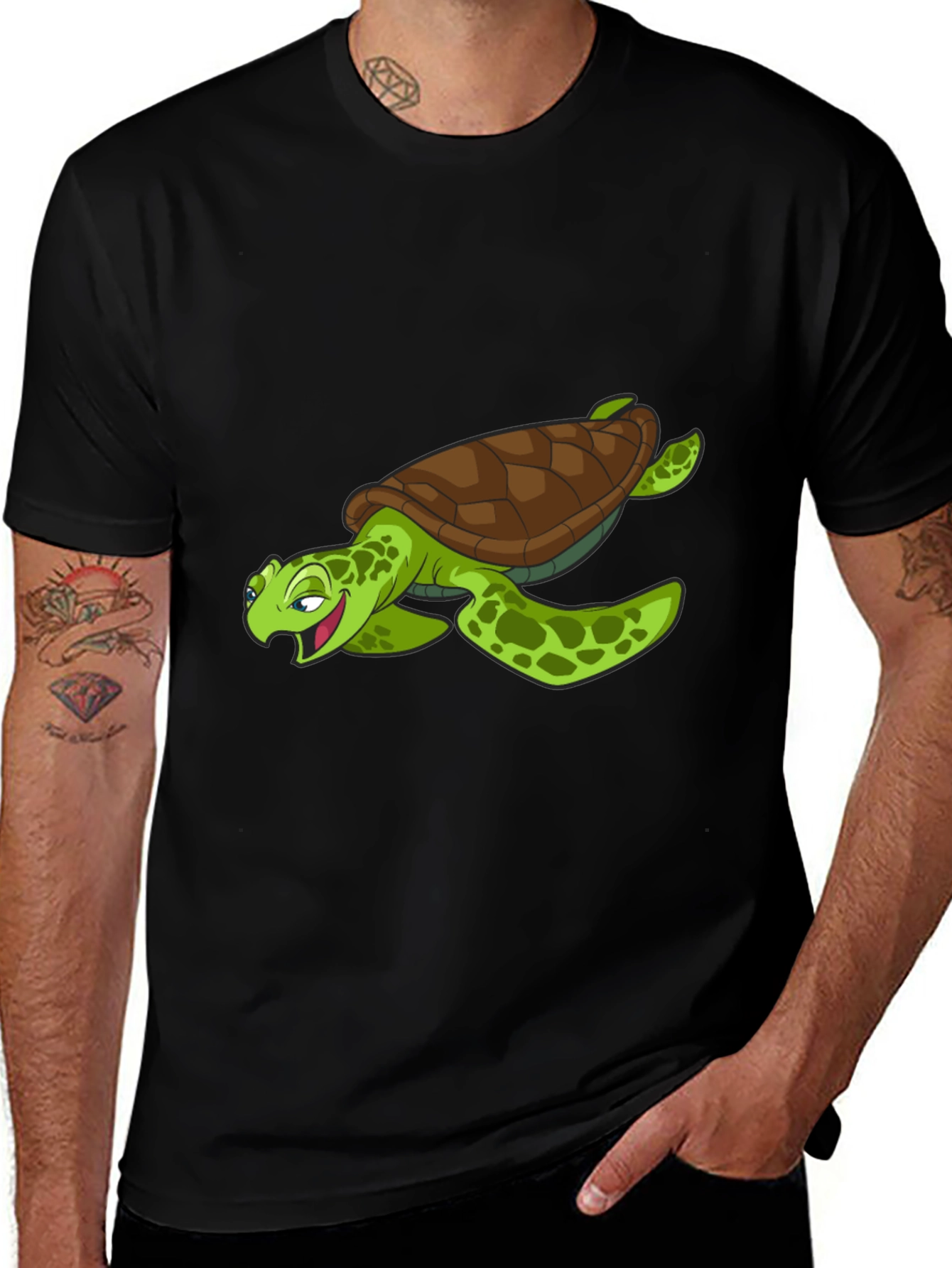 Variant 6 of Cartoon Turtle Graphic T-Shirt - Black Cotton Tee