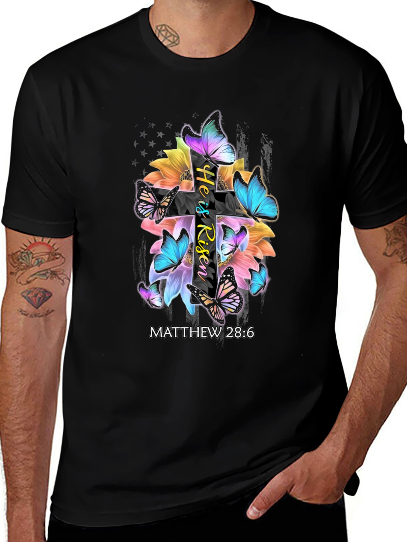 He is Risen Christian T-Shirt - Matthew 28:6 Butterfly Cross Tee