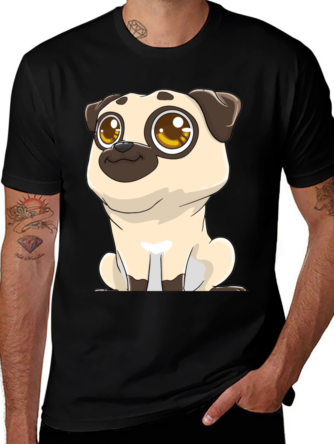 Variant 8 of Cute Cartoon Pug Graphic T-Shirt - Black