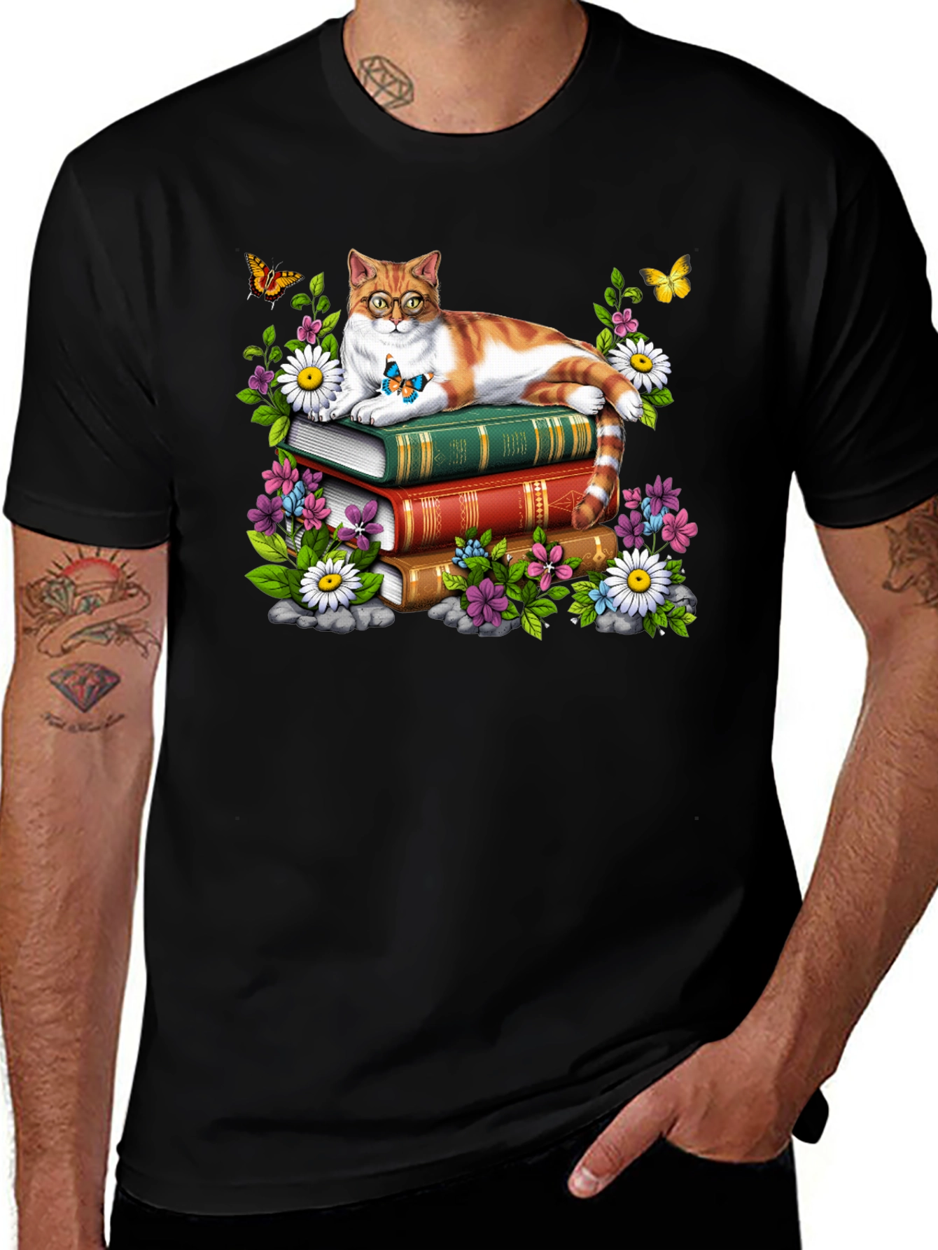 Variant 19 of Cat on Books T-Shirt - Reading Cat Lover Tee