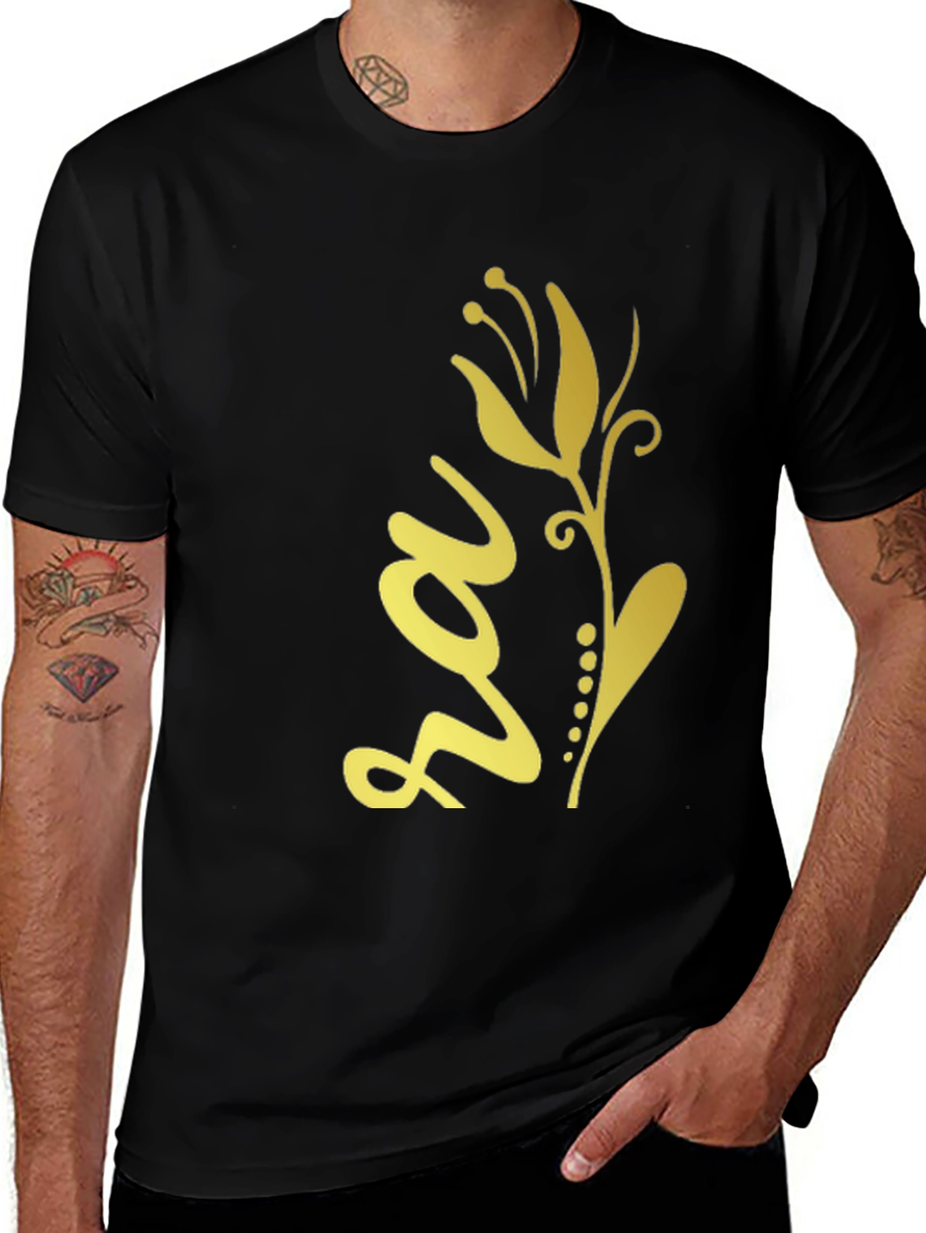 Variant 26 of Black Tee with Golden Floral Design