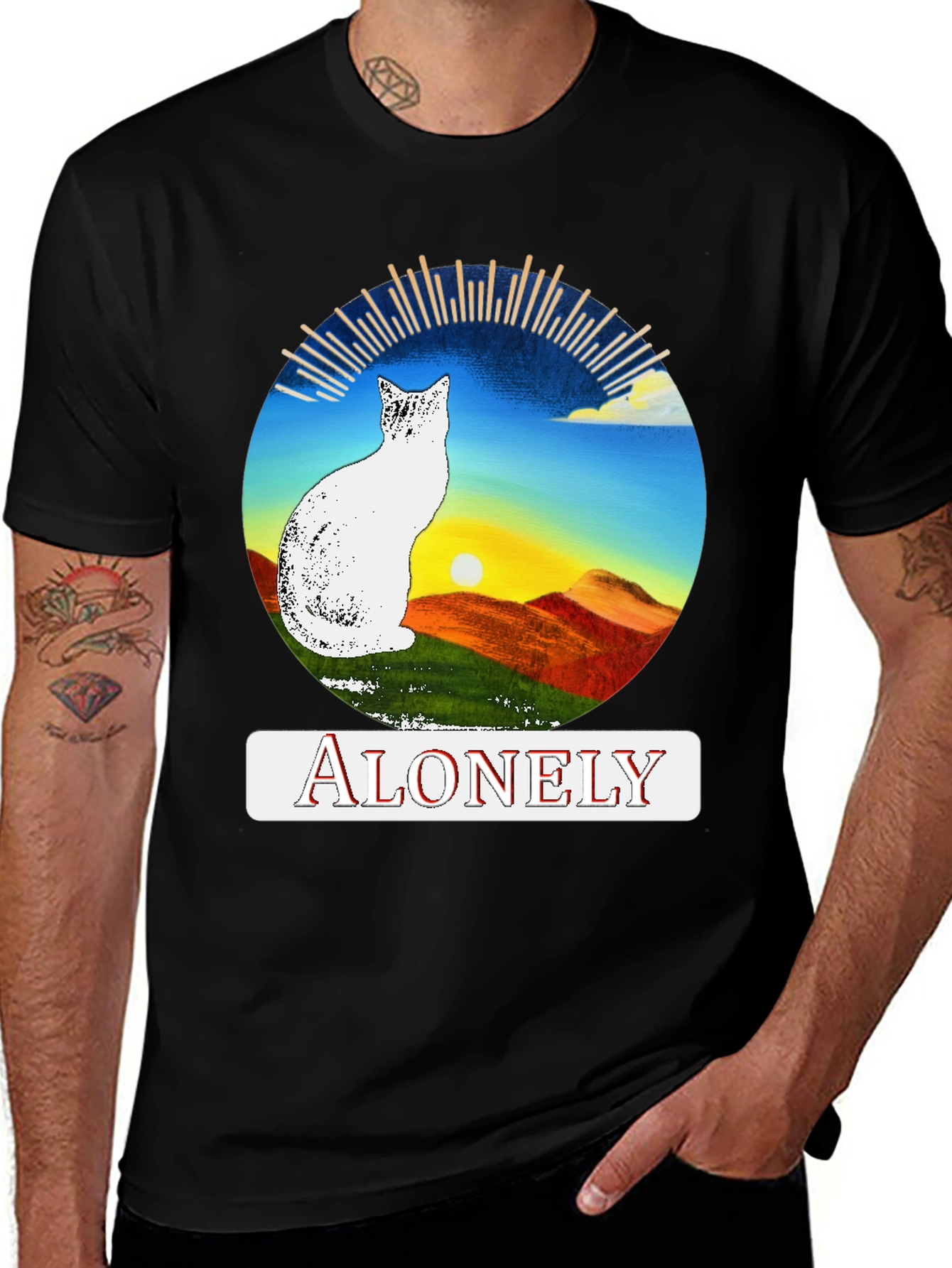 Variant 7 of Alonely Cat Graphic Tee - Sunset Scene