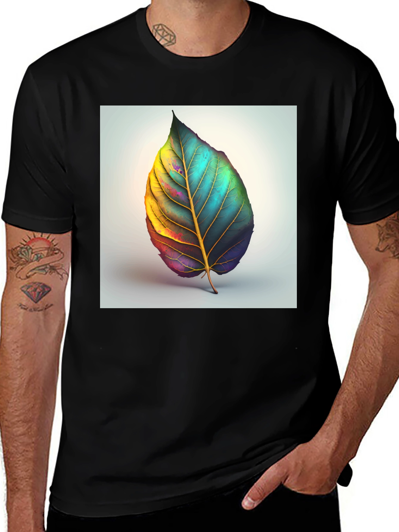 Artistic Leaf Graphic Tee - Black Cotton Blend