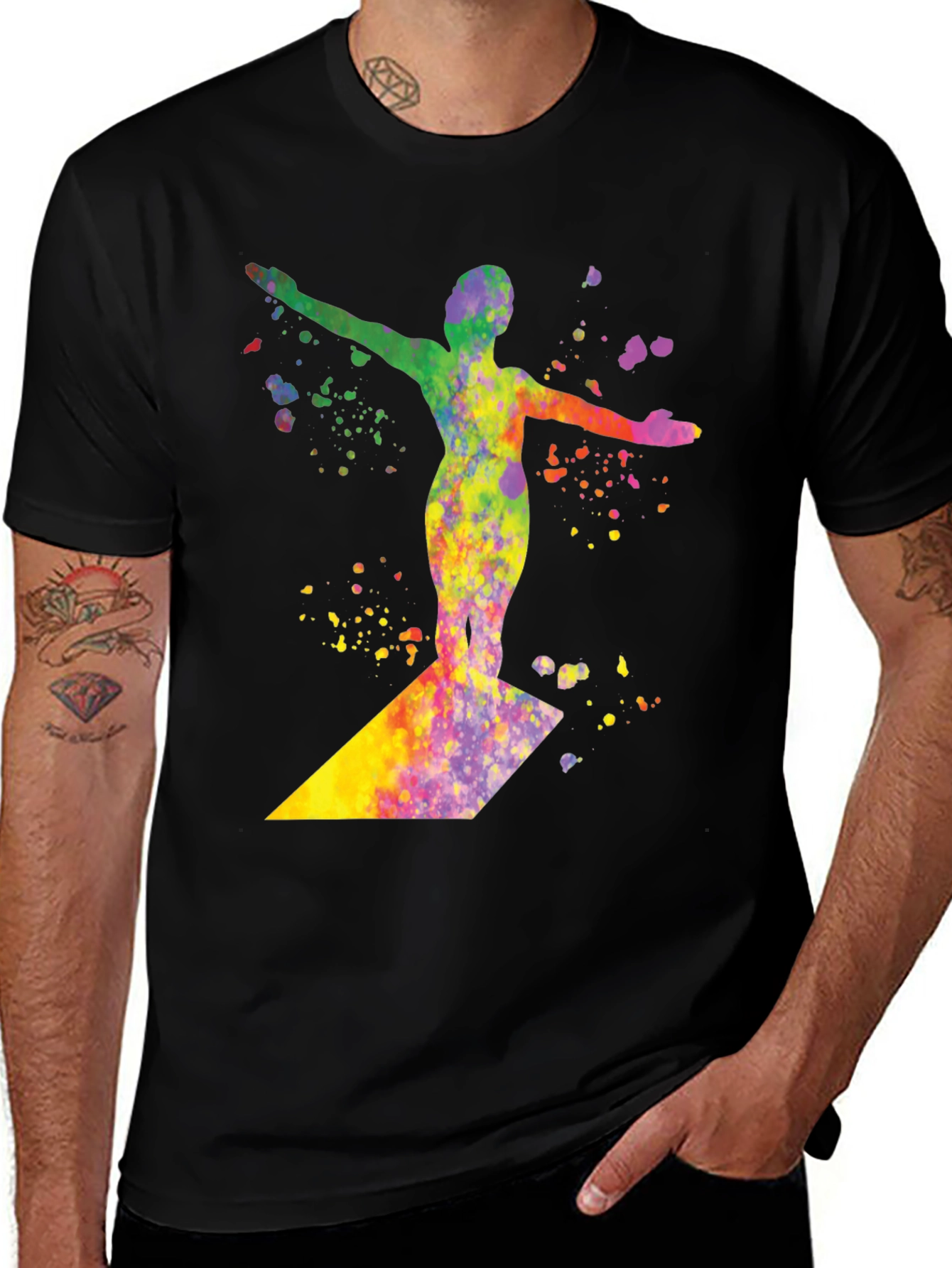 Variant 14 of Watercolor Surfer Graphic Tee - Black Cotton T-Shirt