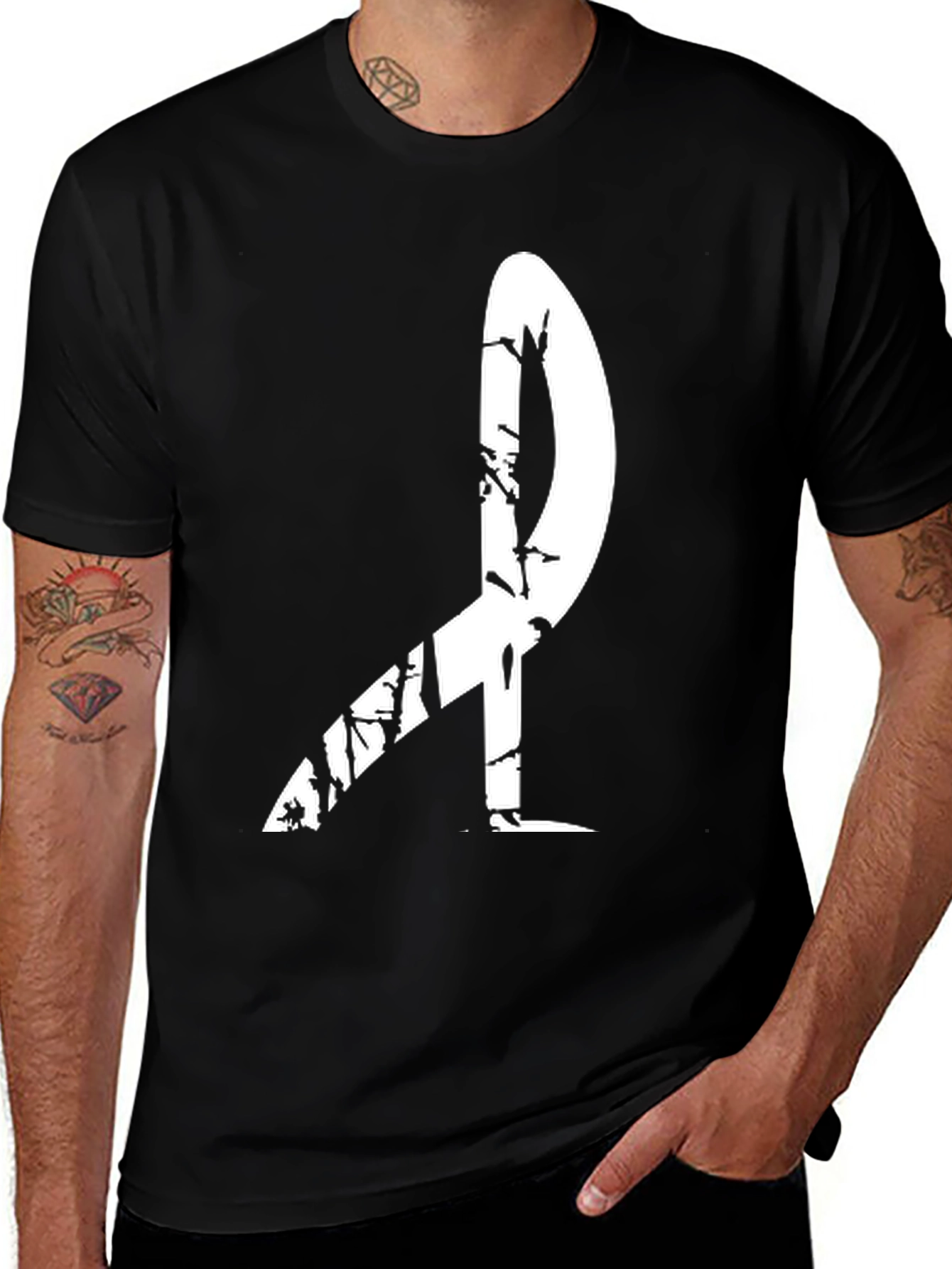 Abstract White Ribbon Graphic Black T-Shirt