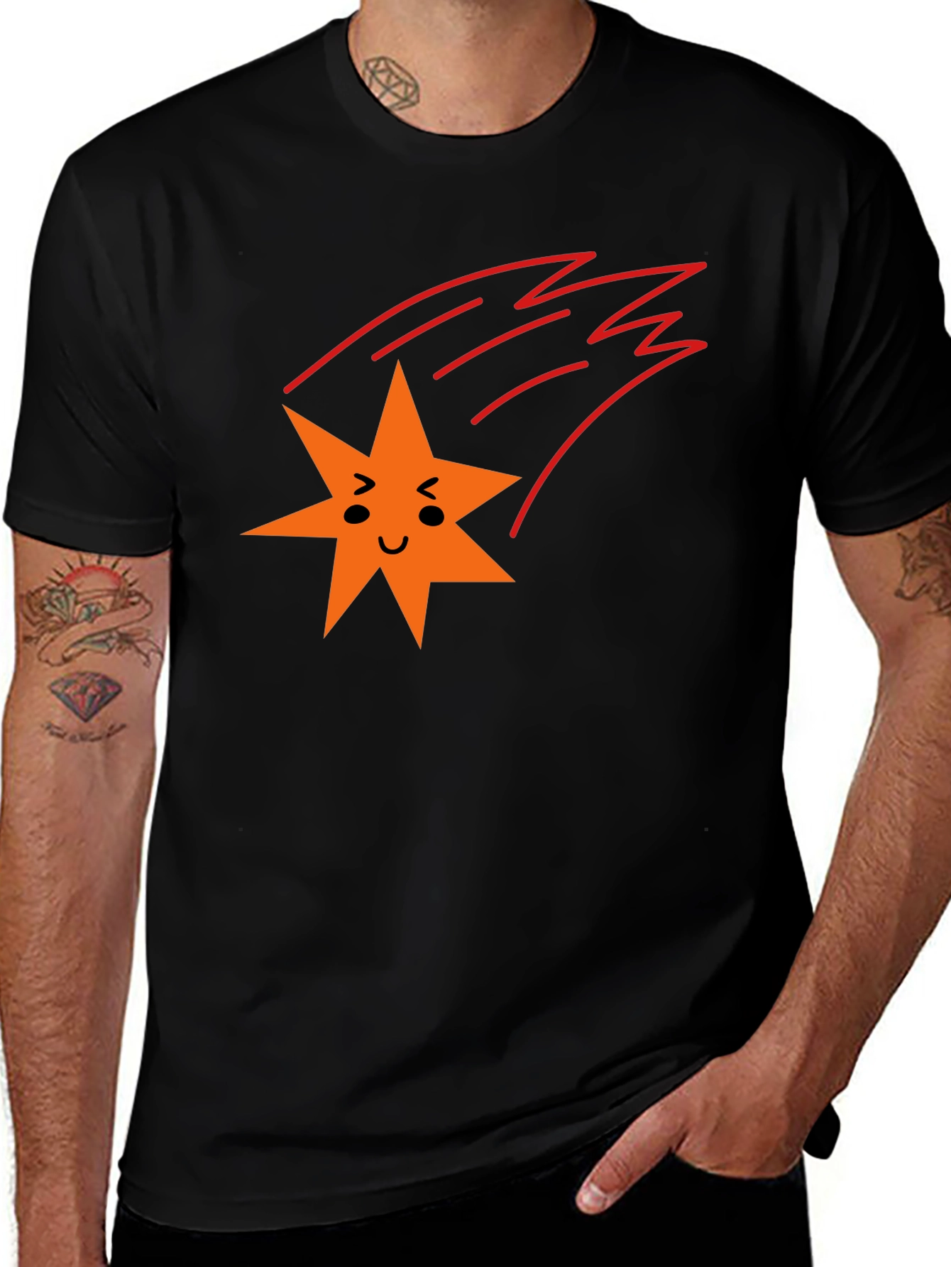 Cute Cartoon Shooting Star Graphic Black T-Shirt