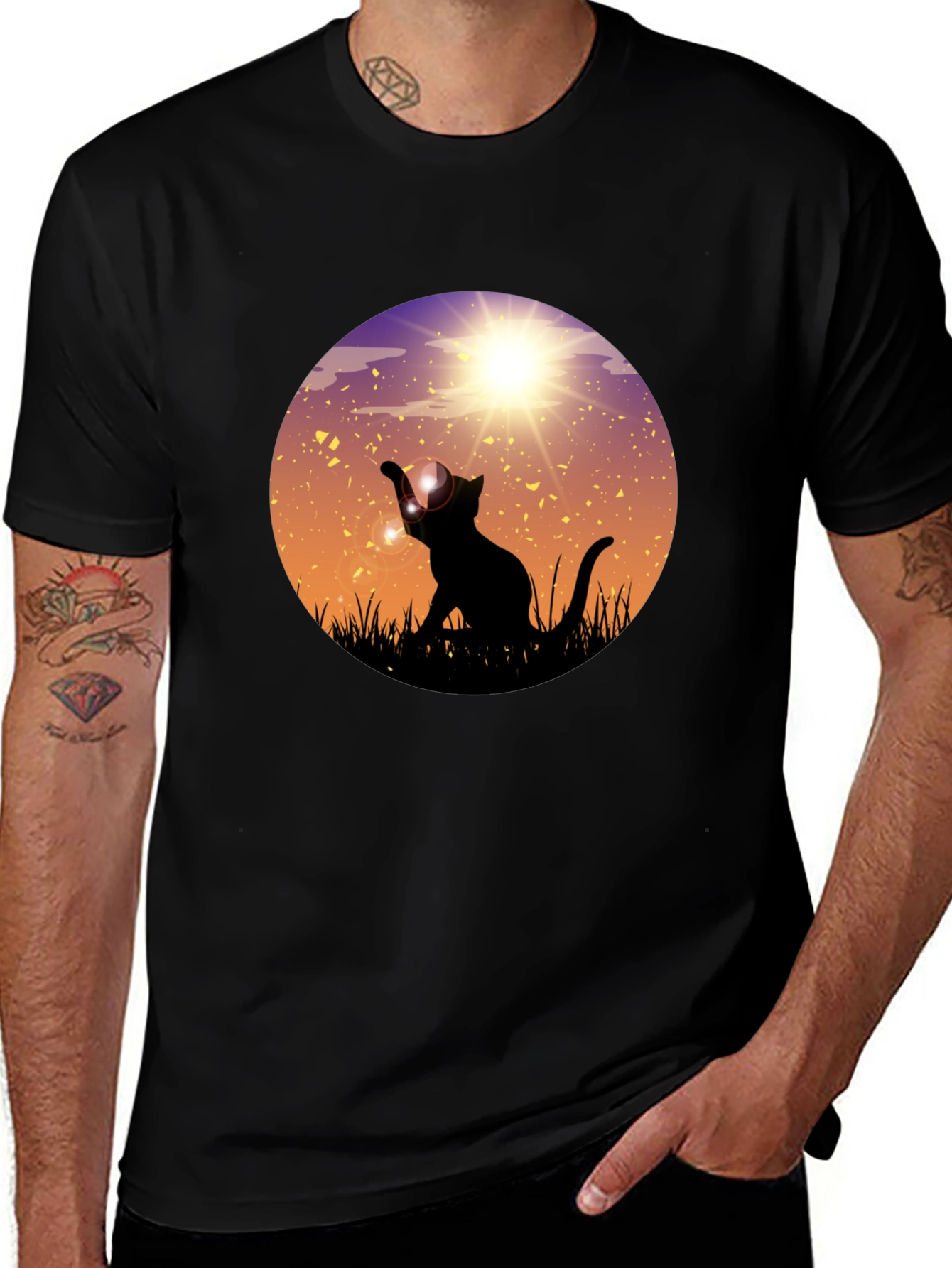 Variant 24 of Sunset Cat Graphic Tee - Black Cotton Blend