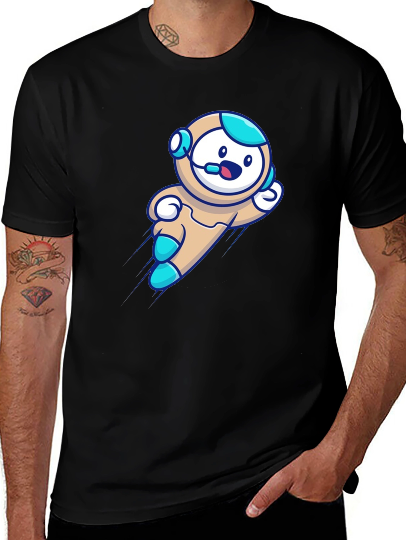 Variant 3 of Cartoon Astronaut Graphic Black Tee