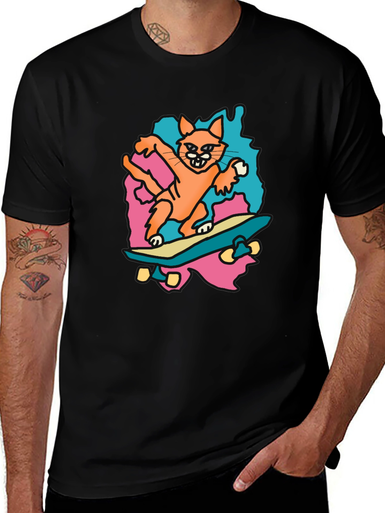 Variant 2 of Skateboarding Cat Graphic Tee - Black Cotton T-Shirt