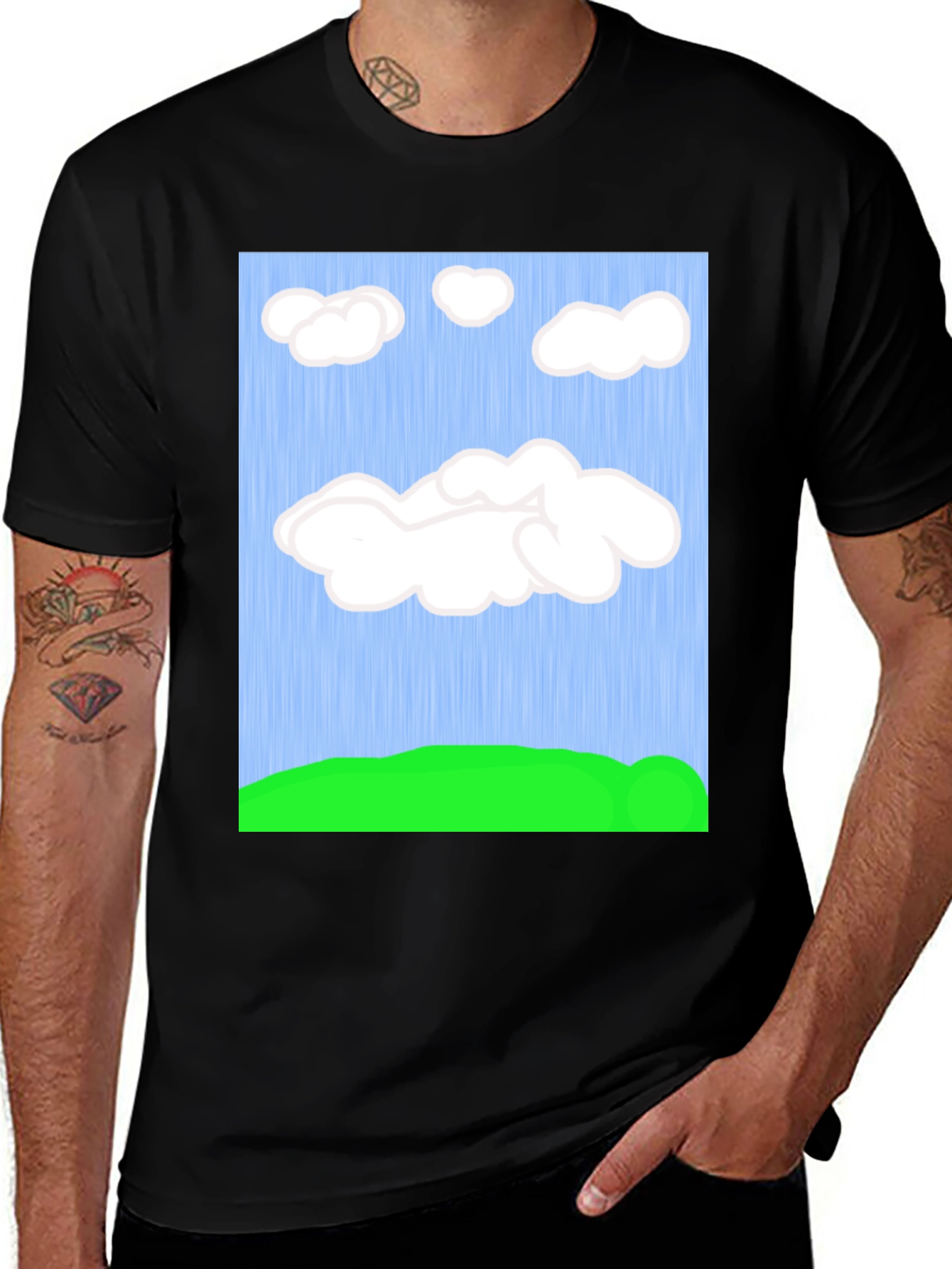 Cartoon Clouds T-Shirt - Sky & Green Field Design