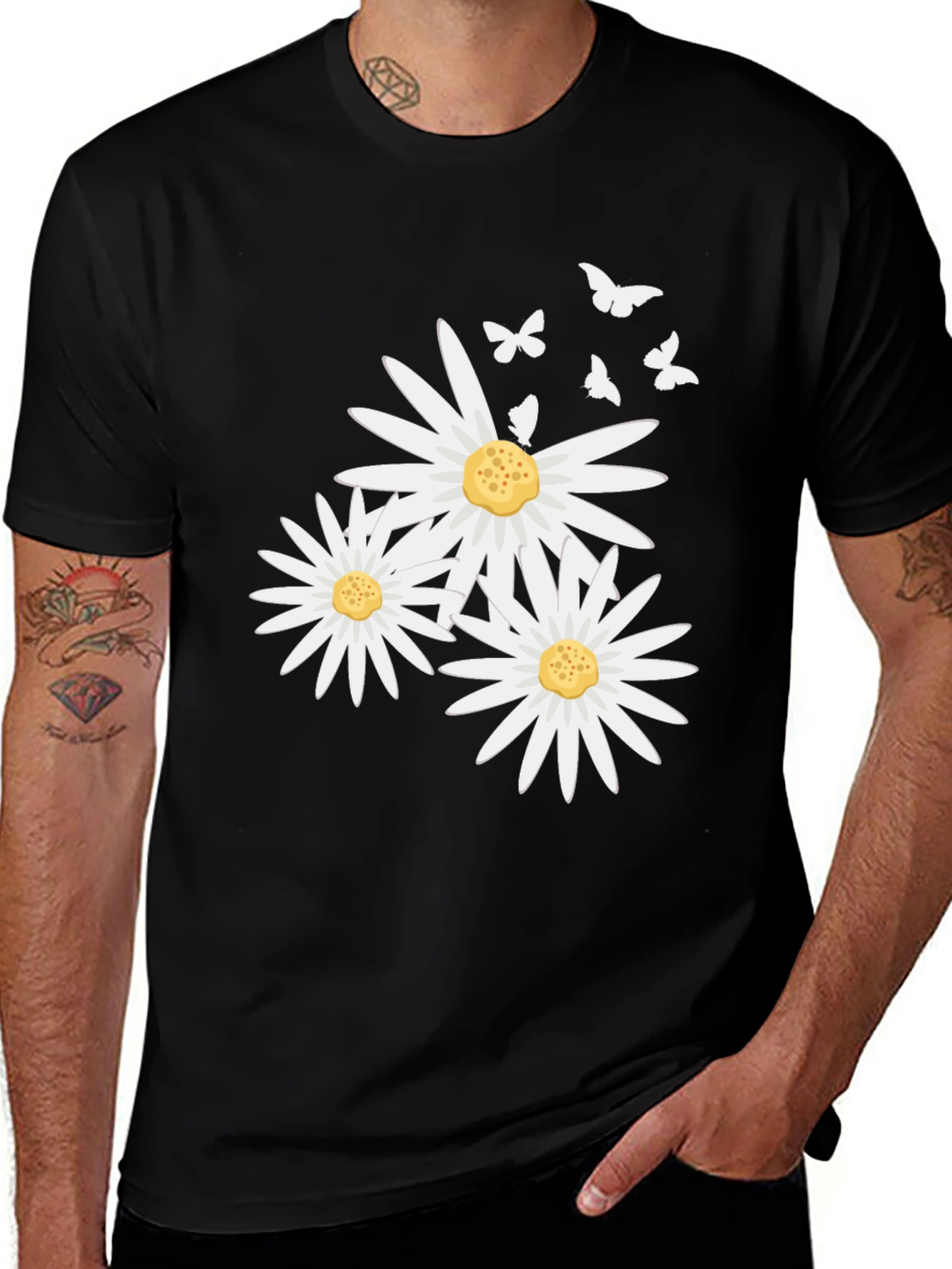 Variant 10 of Daisy and Butterfly Print Black T-Shirt