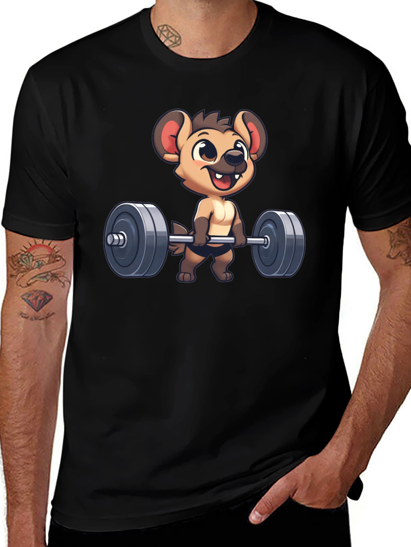 Variant 11 of Hyena Lifting Weights Black T-Shirt
