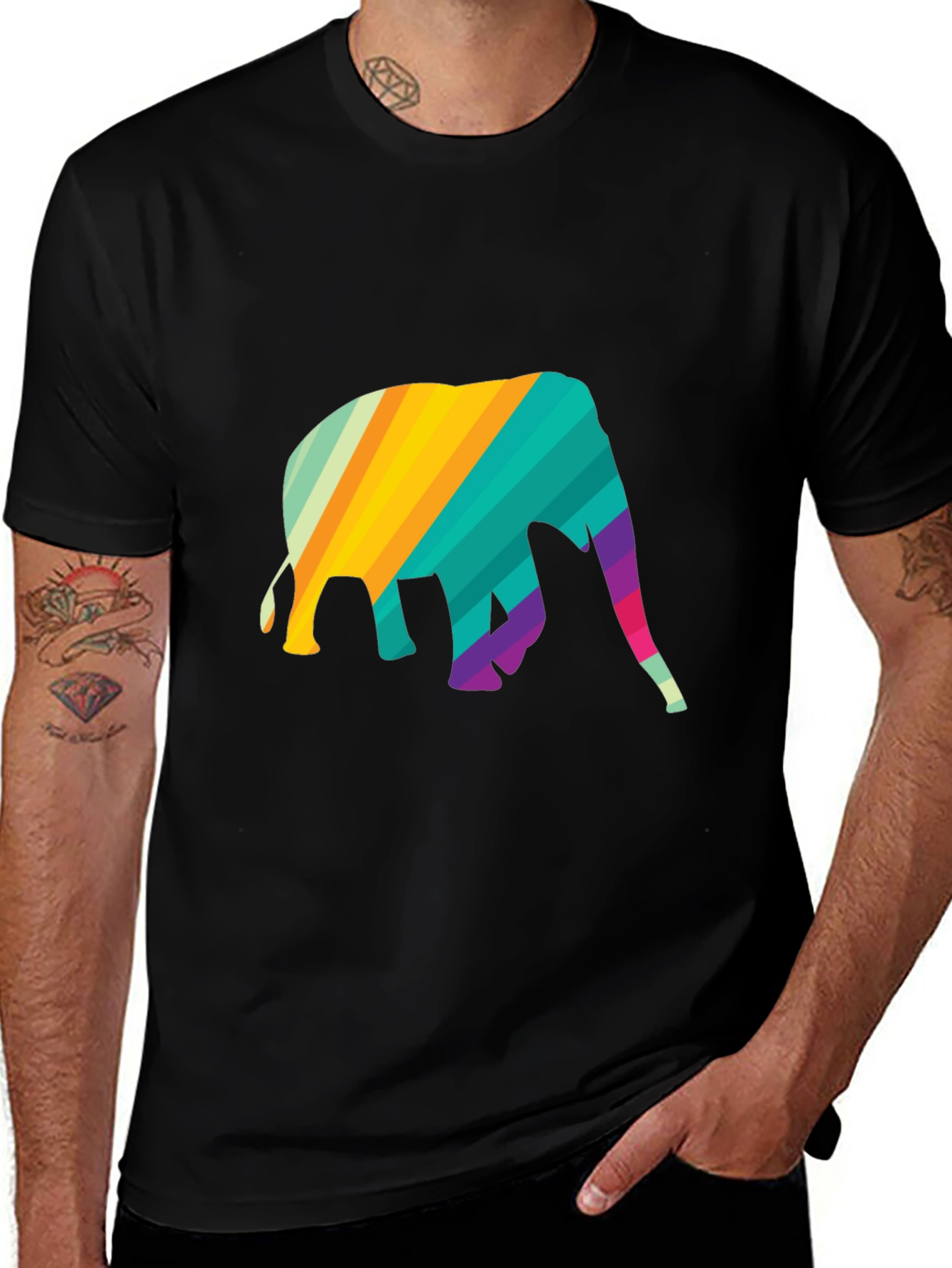 Variant 11 of Rainbow Elephant Graphic Tee - Stylish Men's Black T-Shirt