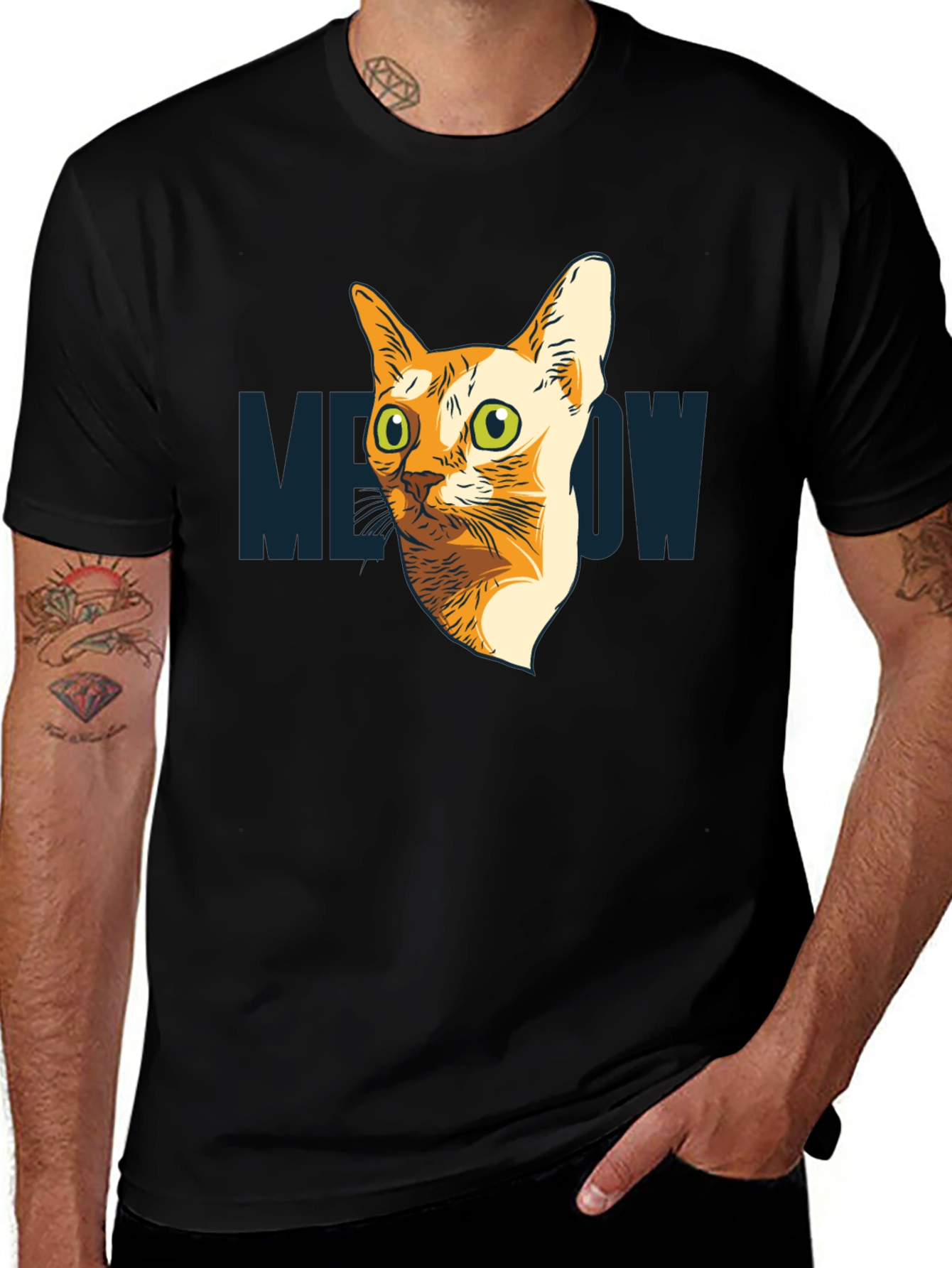 Variant 18 of Meow Cat Graphic T-Shirt - Men's Black Crew Neck Tee