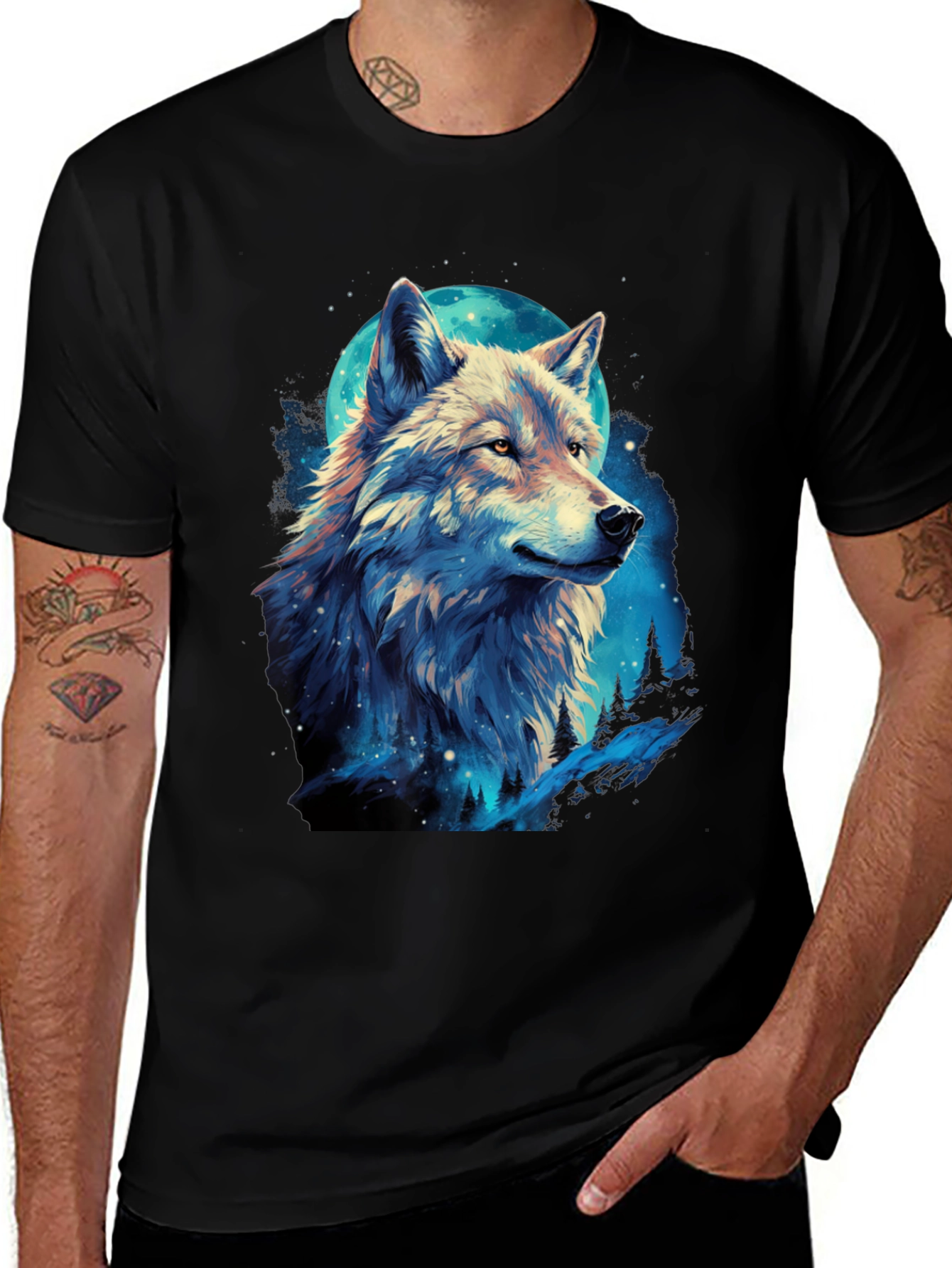 Variant 29 of Wolf Moon Graphic Tee - Black Cotton Blend T-Shirt