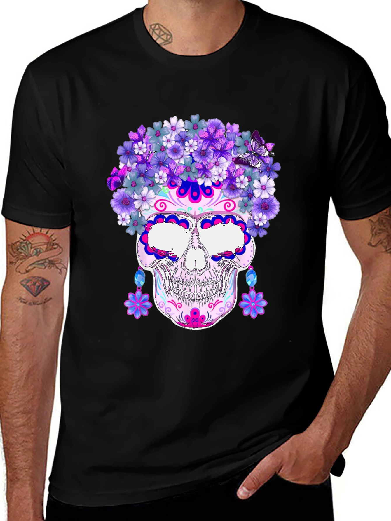 Variant 19 of Floral Sugar Skull Graphic Tee - Day of the Dead Style
