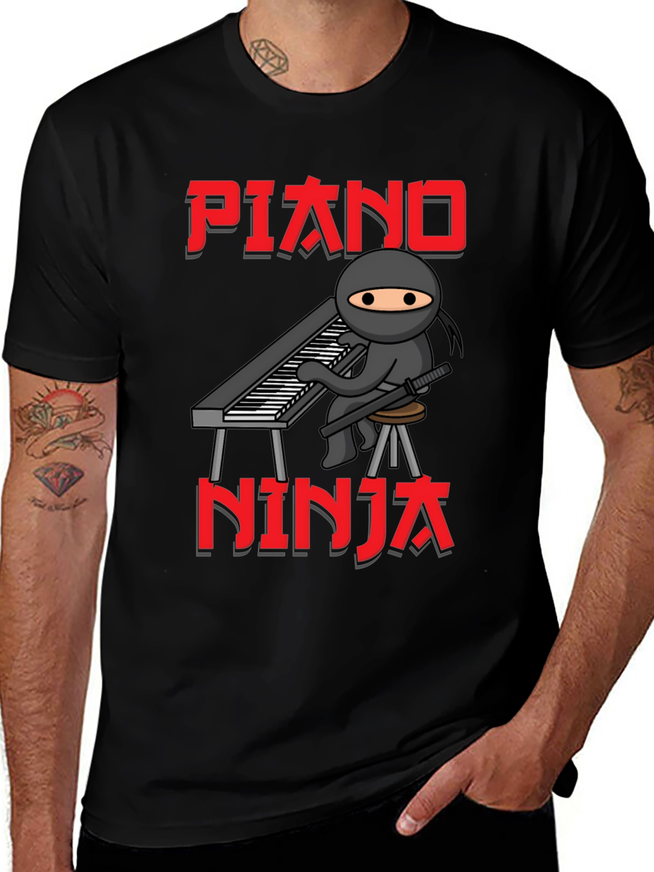 Piano Ninja Graphic Tee - Black Cotton Blend T-Shirt