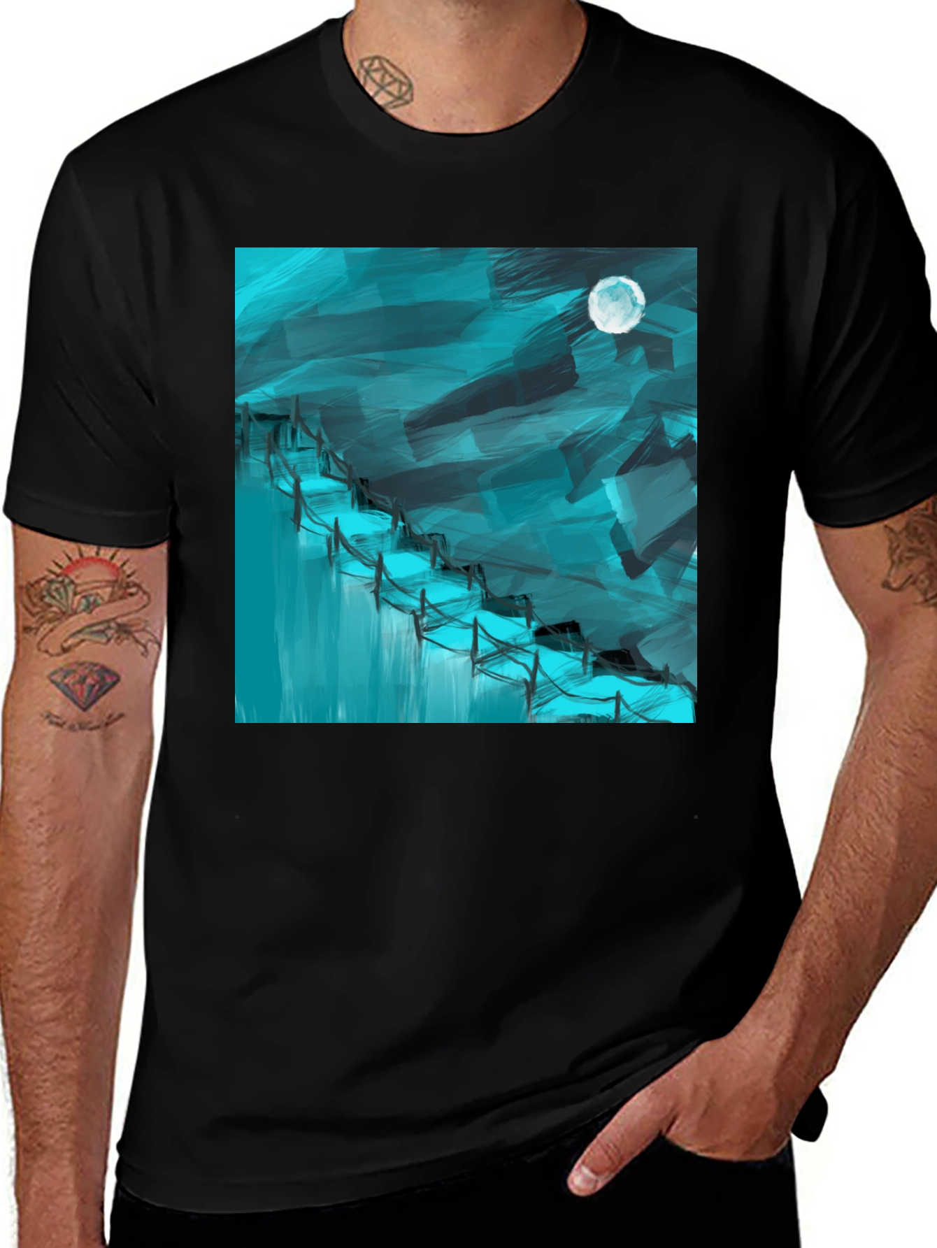 Variant 19 of Abstract Moonlit Waterfall Graphic Tee - Black Cotton Blend