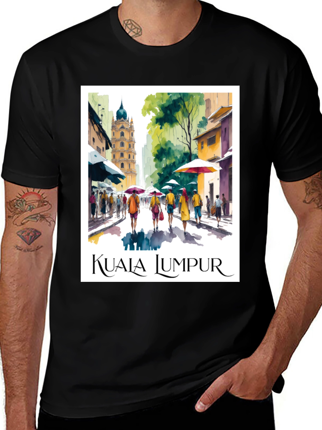 Kuala Lumpur Street Scene Graphic Tee - Black