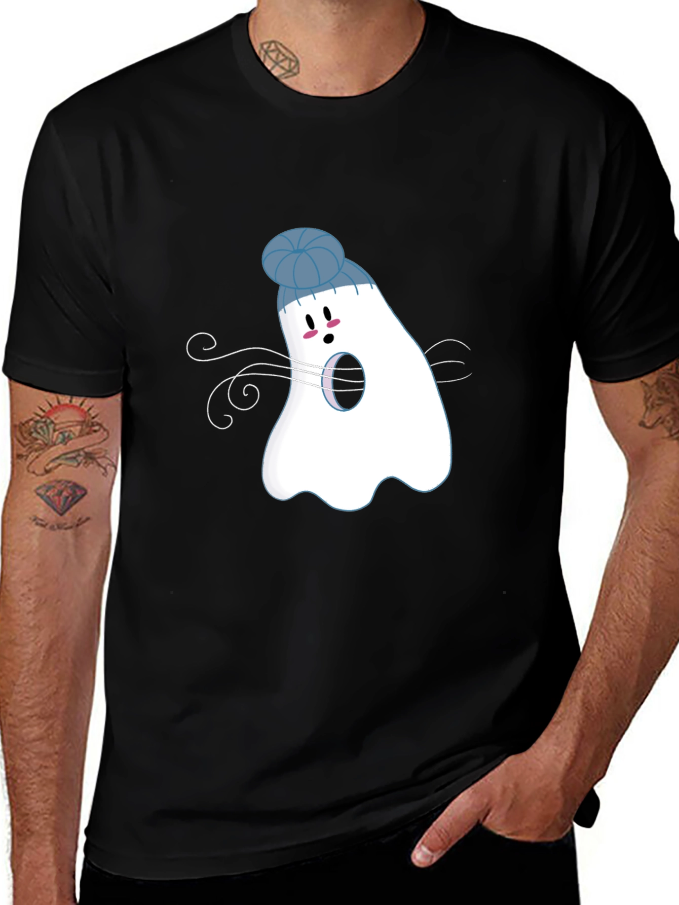 Whimsical Ghost in Beanie Black T-Shirt