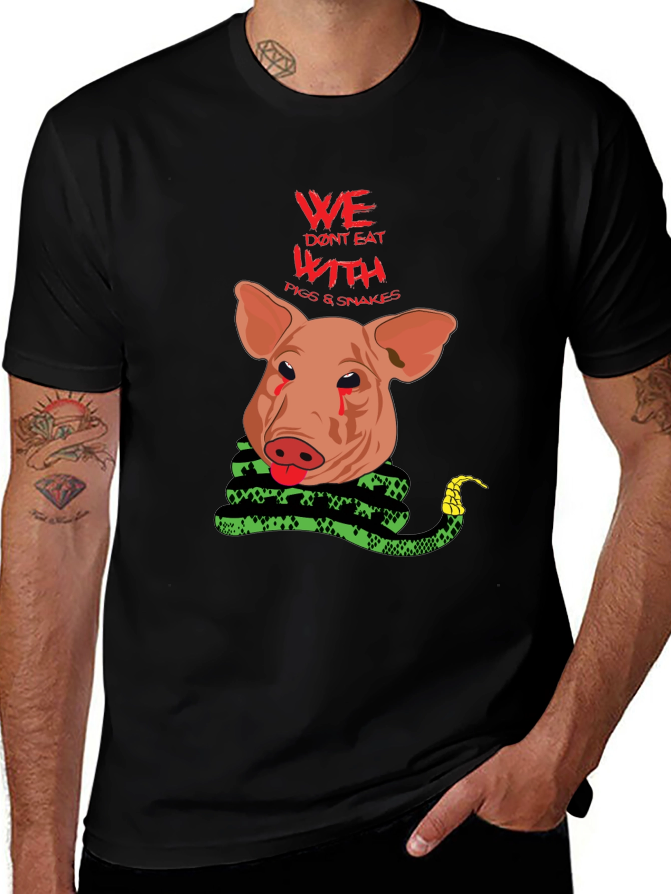 Variant 10 of Vegan Statement Tee: Pig and Snake Graphic
