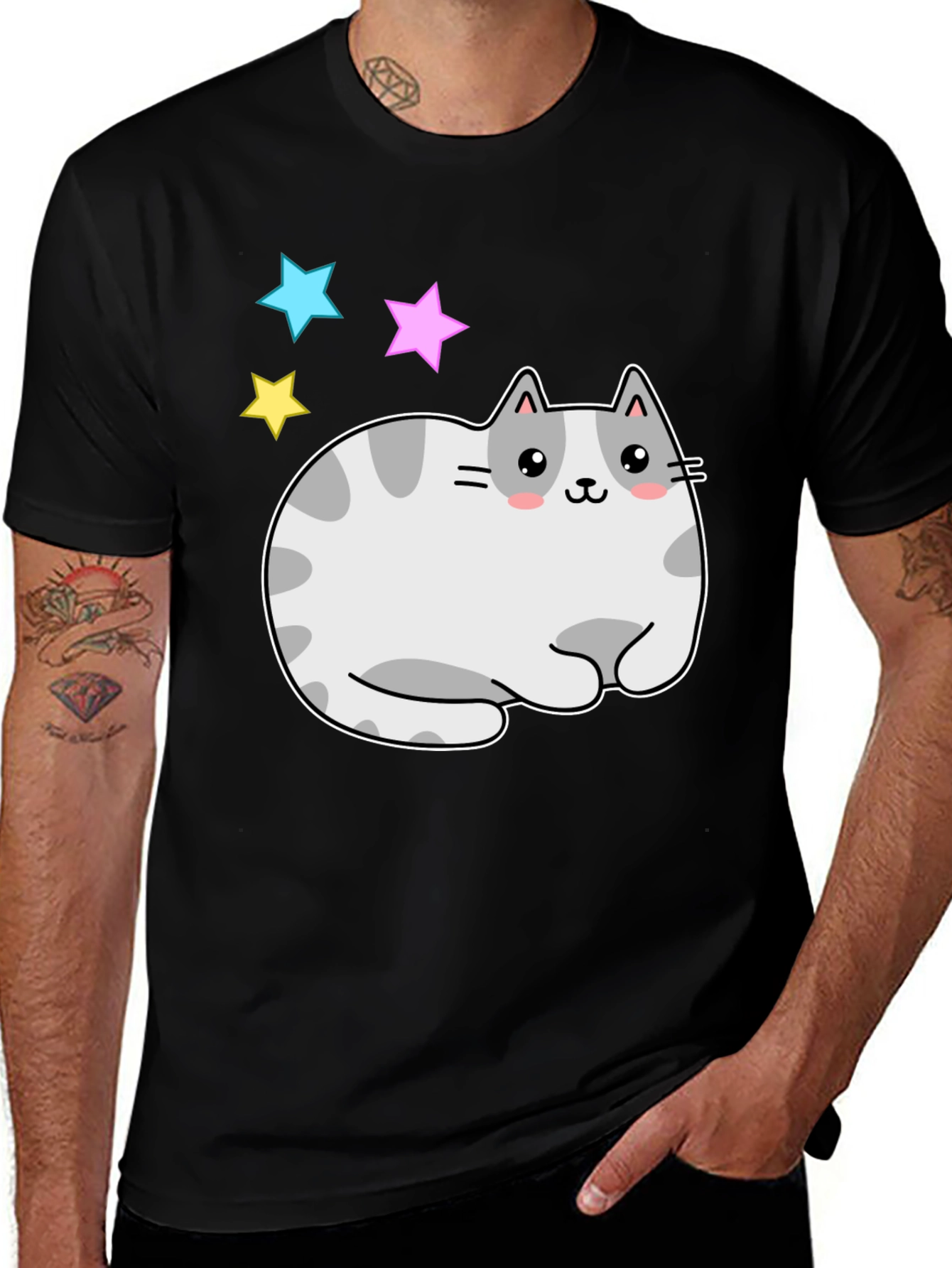 Black Cute Kawaii Cat Stars Graphic T-Shirt main image