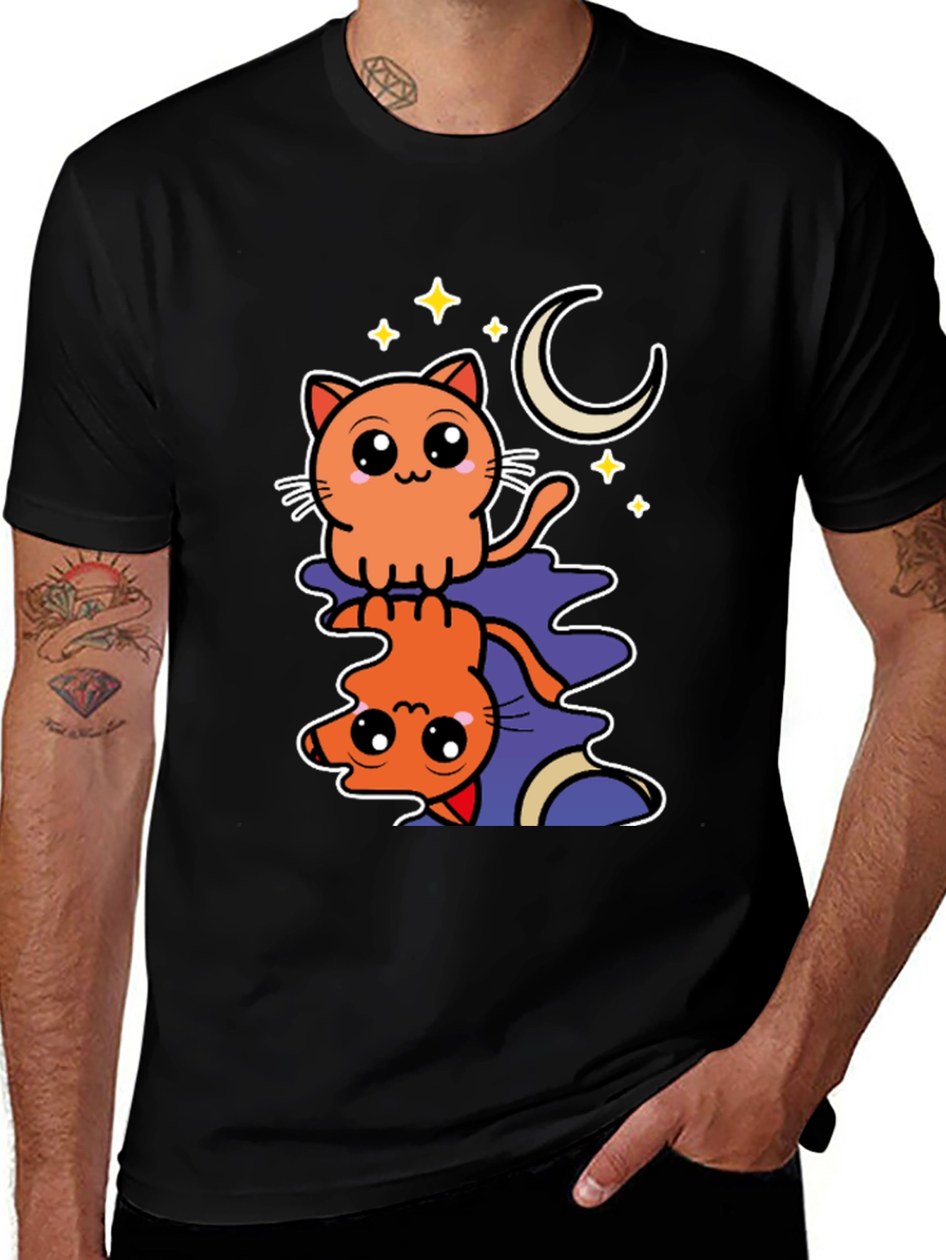 Cute Cat Moon Stars Black Graphic Tee