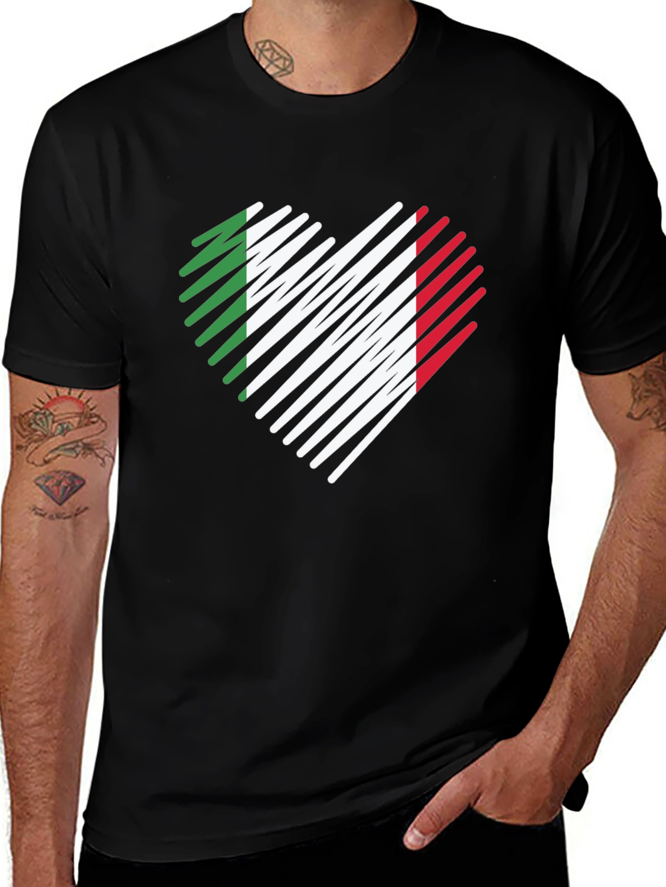 Italian Flag Heart Graphic Black T-Shirt