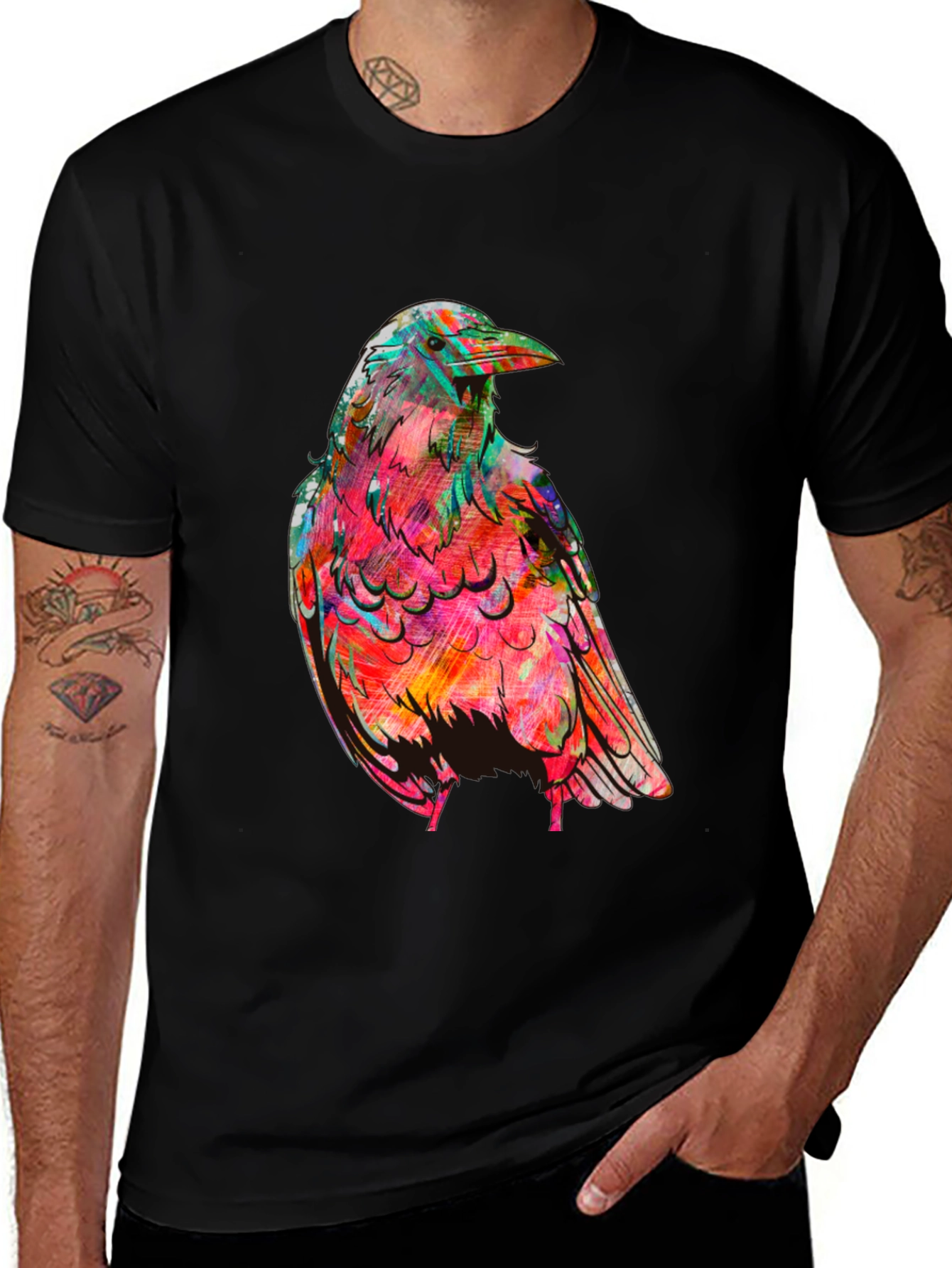 Variant 10 of Vibrant Raven Graphic Tee - Men's Black Cotton T-Shirt