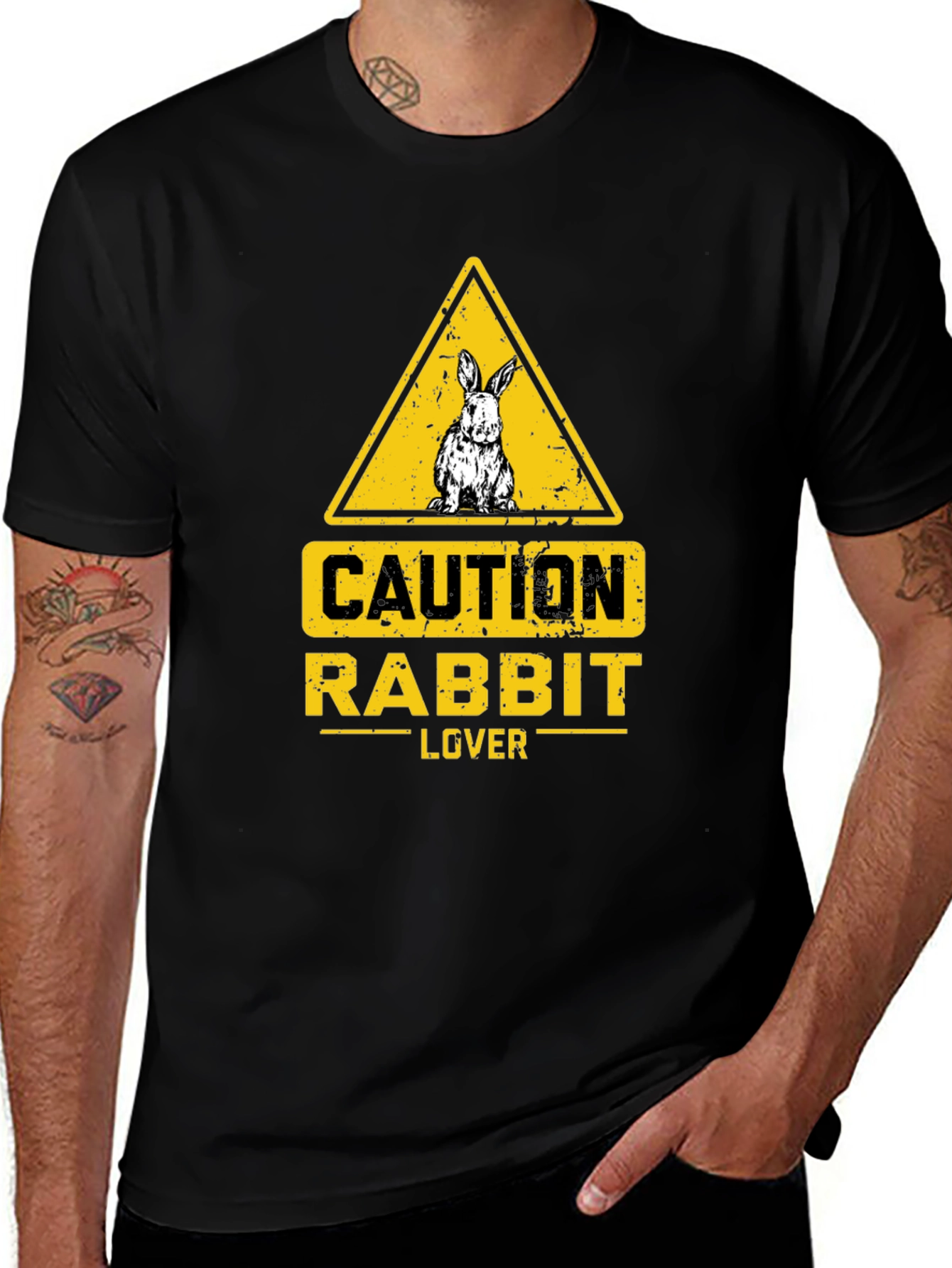 Variant 20 of Caution Rabbit Lover T-Shirt - Black Graphic Tee