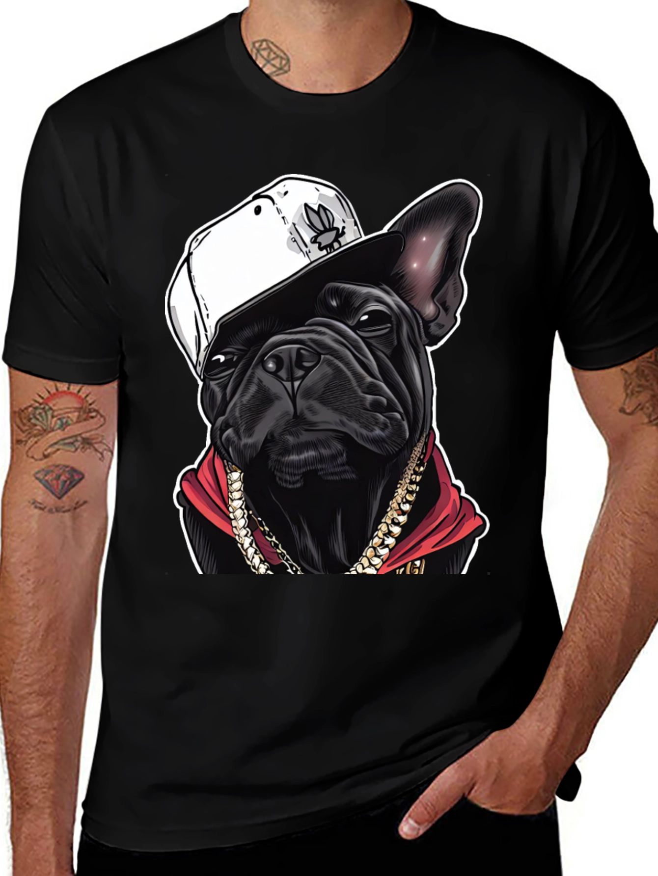 Cool Dog Tee: Bulldog with Hat and Chain
