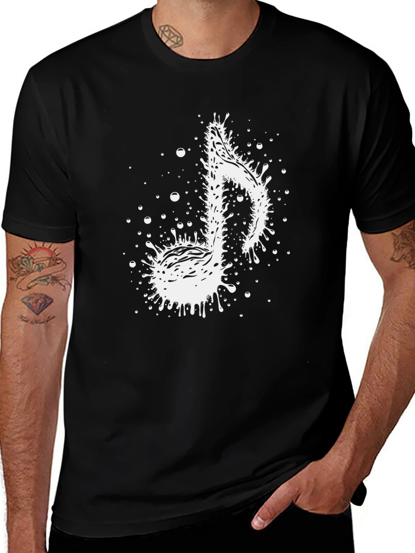 Variant 12 of Music Note Splatter Graphic Tee - Stylish Black T-Shirt