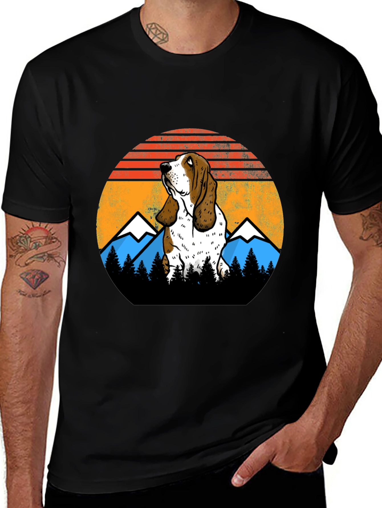 Basset Hound Mountain Sunset Graphic T-Shirt