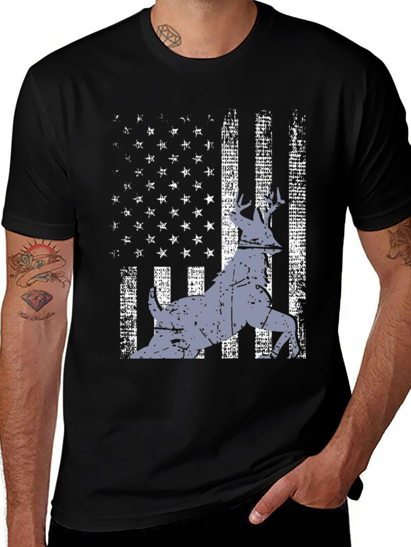 Variant 17 of Distressed USA Flag Deer Graphic Tee - Black