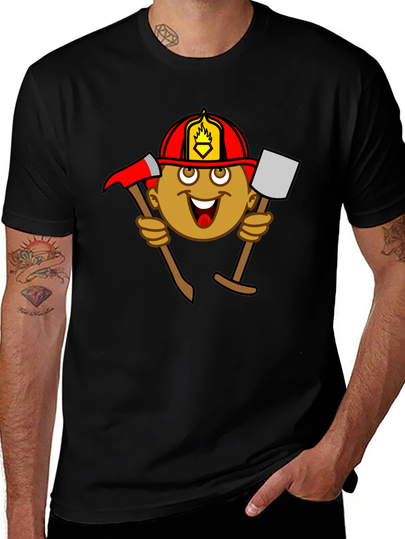 Variant 26 of Firefighter Cartoon Graphic Tee - Black