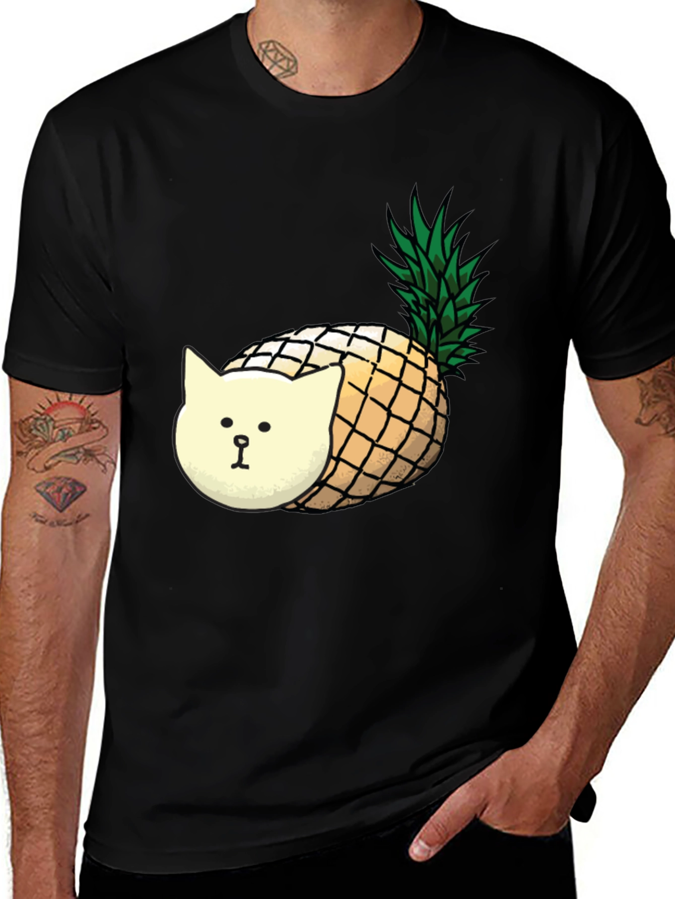 Variant 15 of Pineapple Cat Graphic T-Shirt - Black Cotton Tee