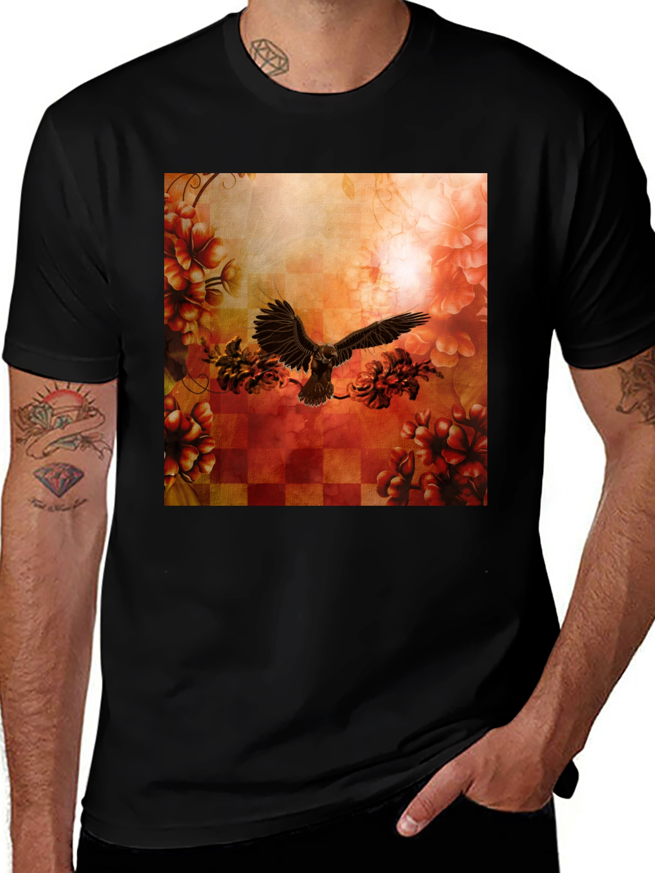 Variant 30 of Floral Eagle Graphic Tee - Black Cotton Blend