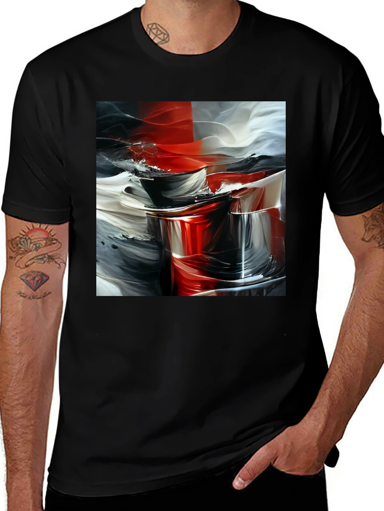 Variant 26 of Abstract Art Graphic Tee - Red, White, and Black Design