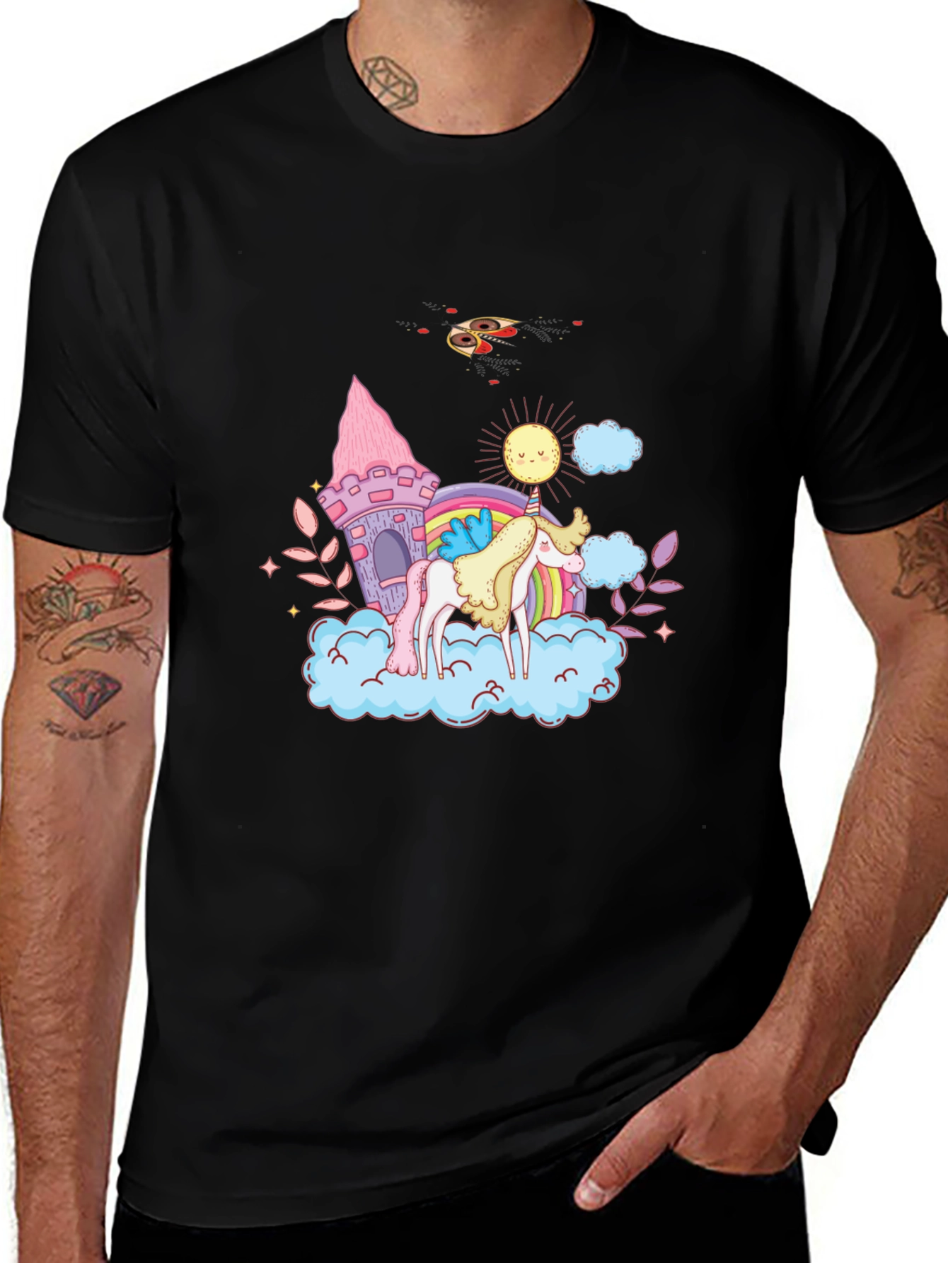 Variant 18 of Unicorn Castle Graphic Tee - Black Cotton Shirt