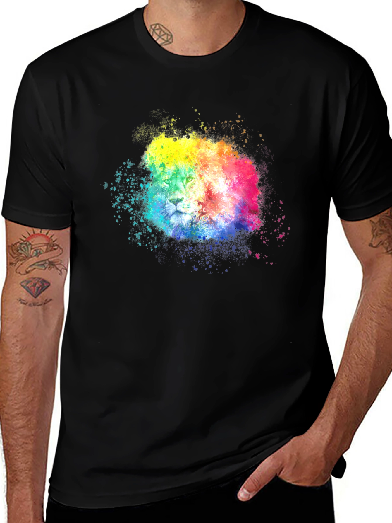Black Rainbow Lion Splatter Graphic Tee - Black main image