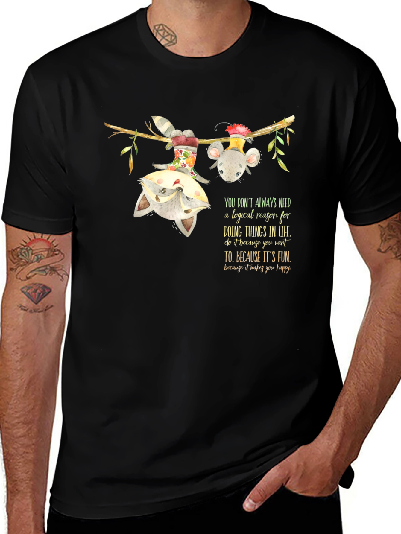 Variant 27 of Whimsical Hanging Animals Graphic Tee - Black