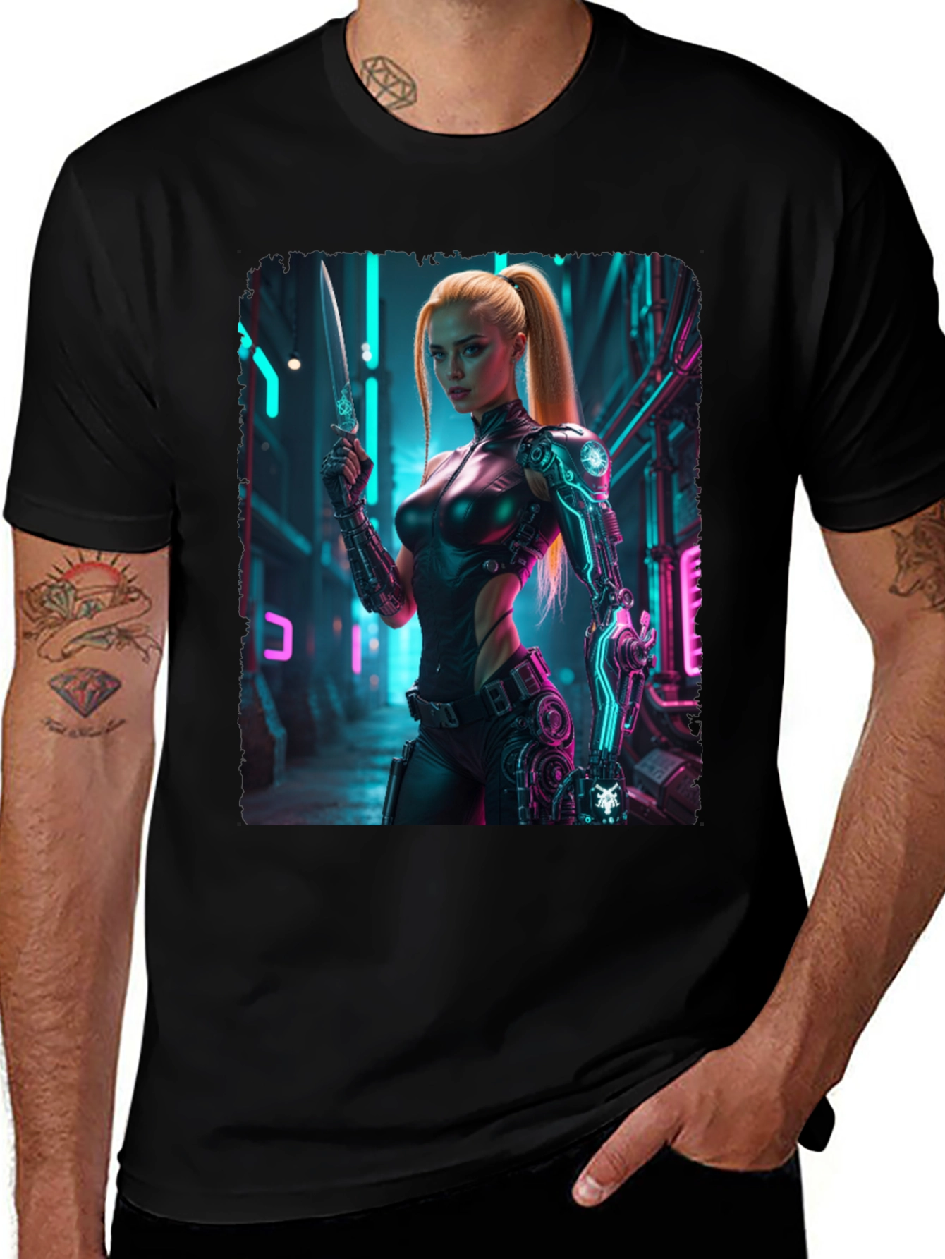 Black Cyberpunk Girl T-Shirt - Sci-Fi Warrior Tee main image