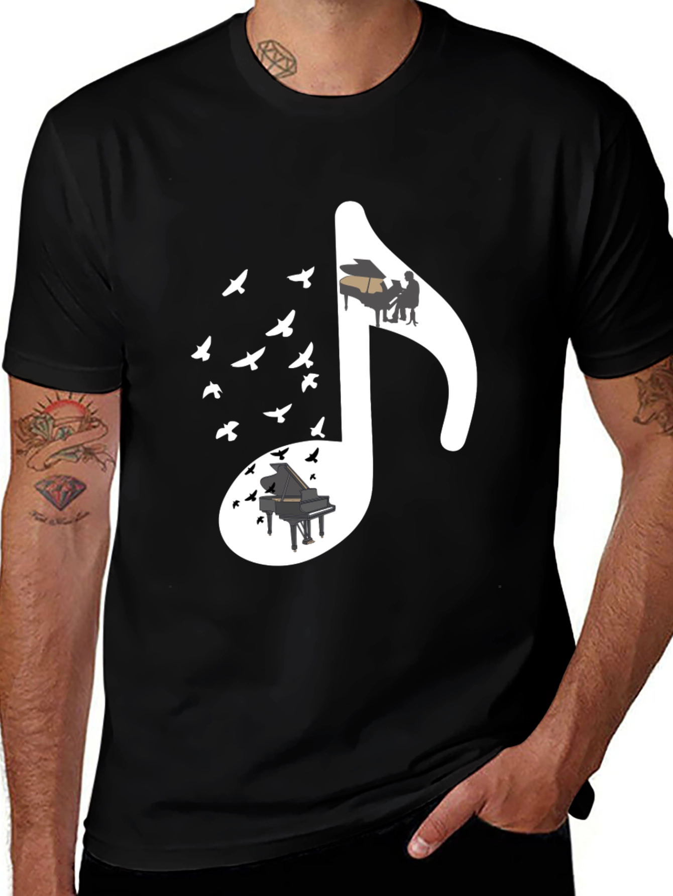 Variant 16 of Musical Note T-Shirt with Piano and Bird Design