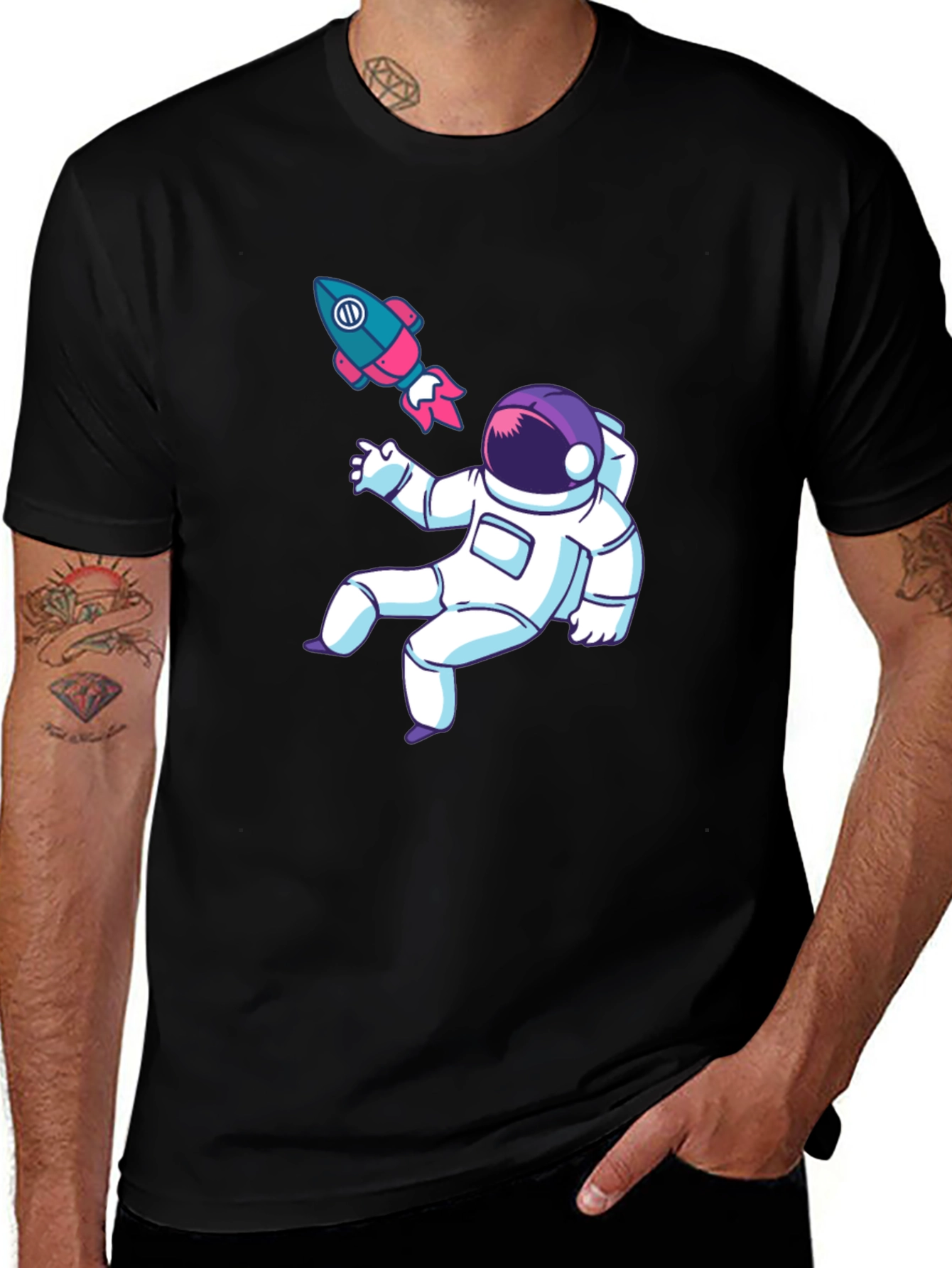 Variant 15 of Astronaut & Rocket Graphic Tee - Black Cotton T-Shirt