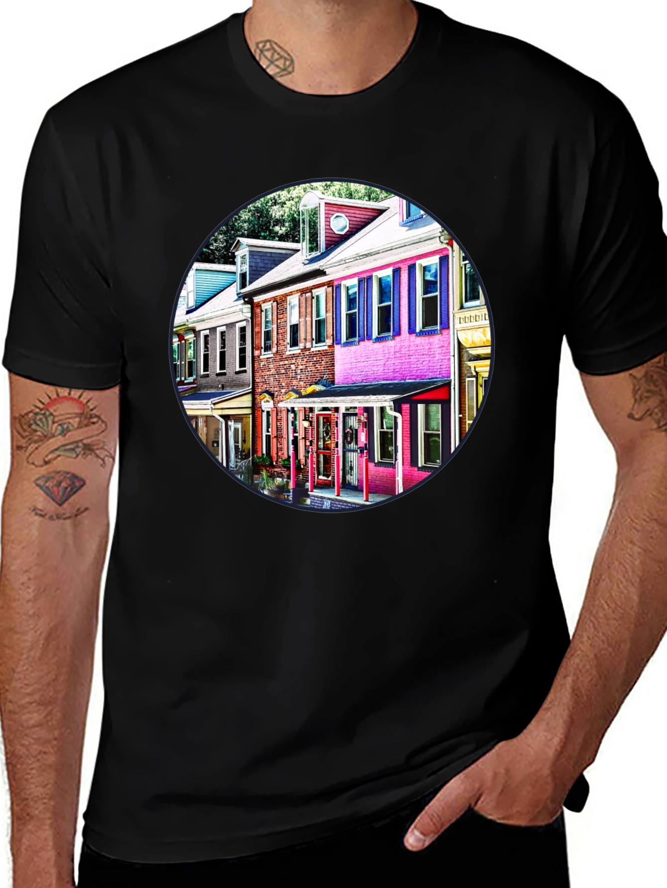 Variant 8 of Colorful Houses Black Tee