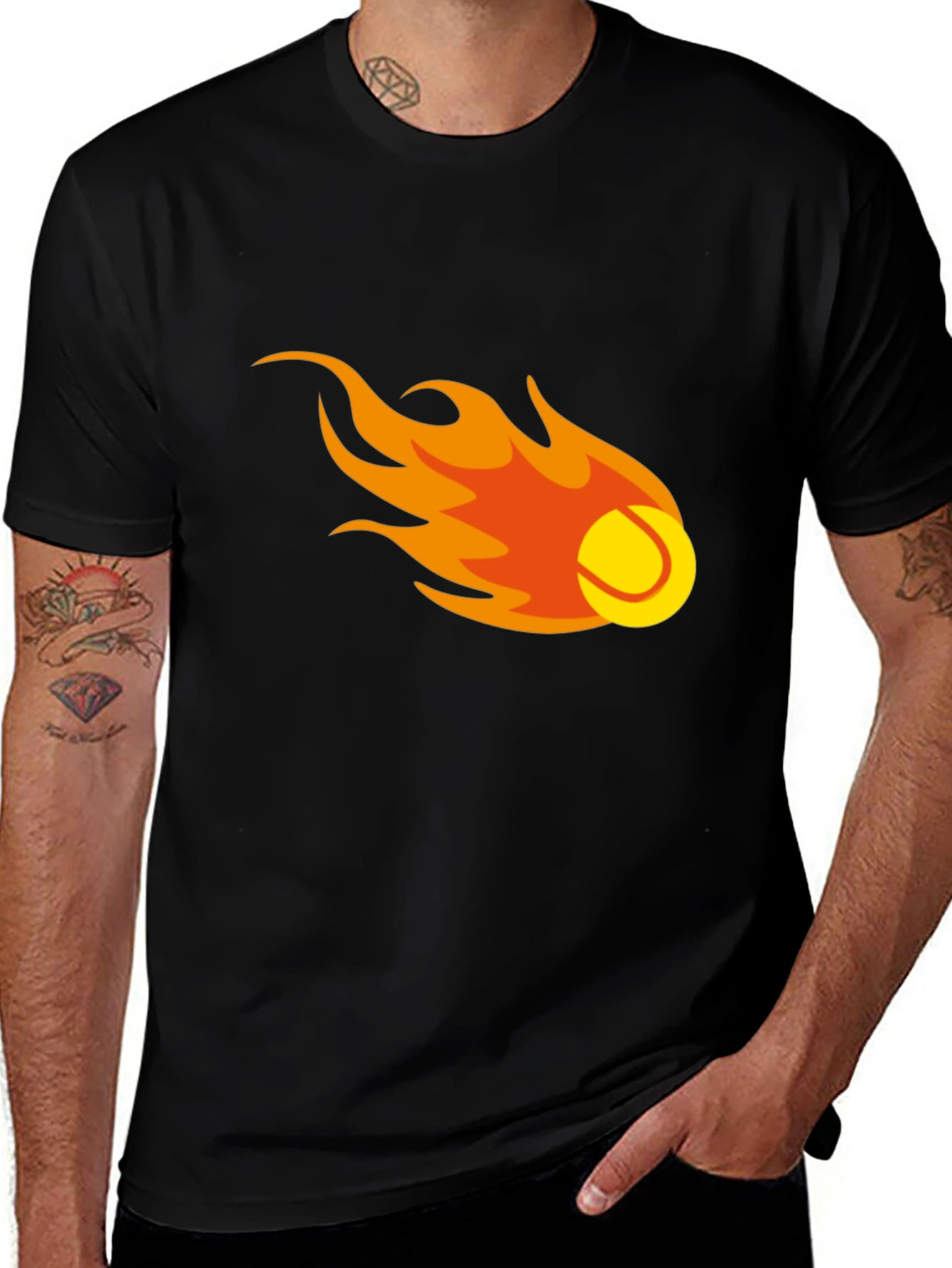 Variant 7 of Flaming Tennis Ball Graphic Tee - Black Cotton T-Shirt
