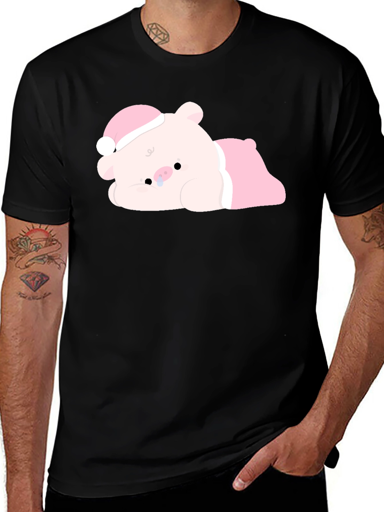 Cute Piggy with Santa Hat Black T-Shirt