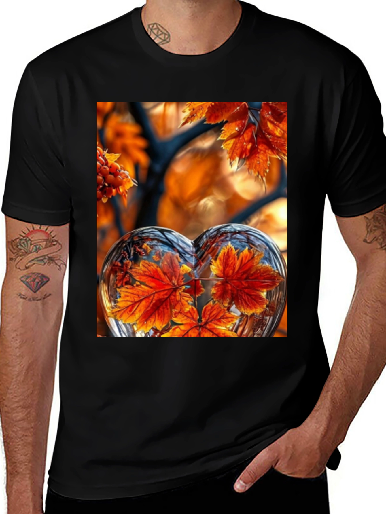 Variant 4 of Autumn Leaves in Glass Heart - Black Tee