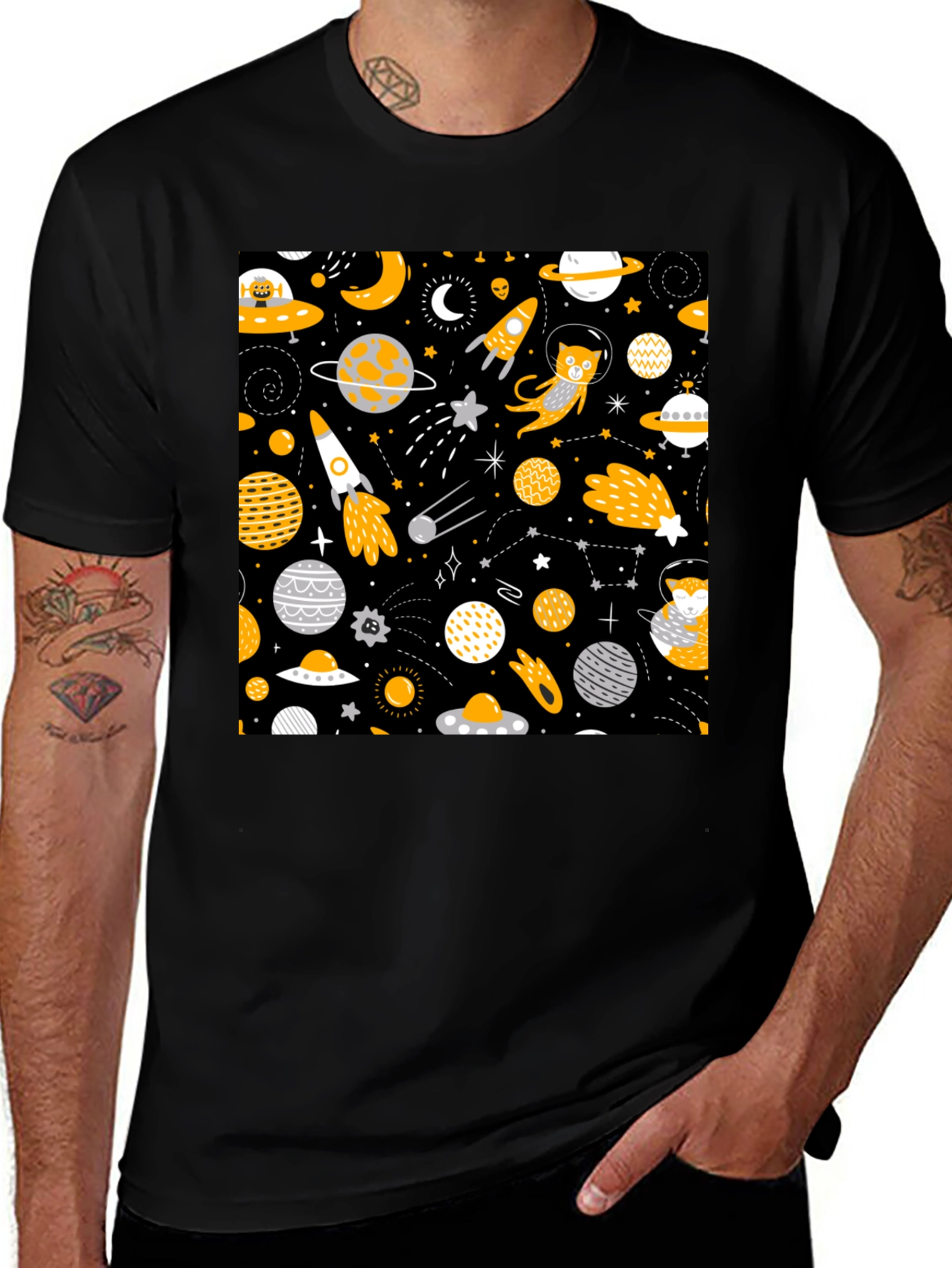 Black Space Cat Graphic T-Shirt main image
